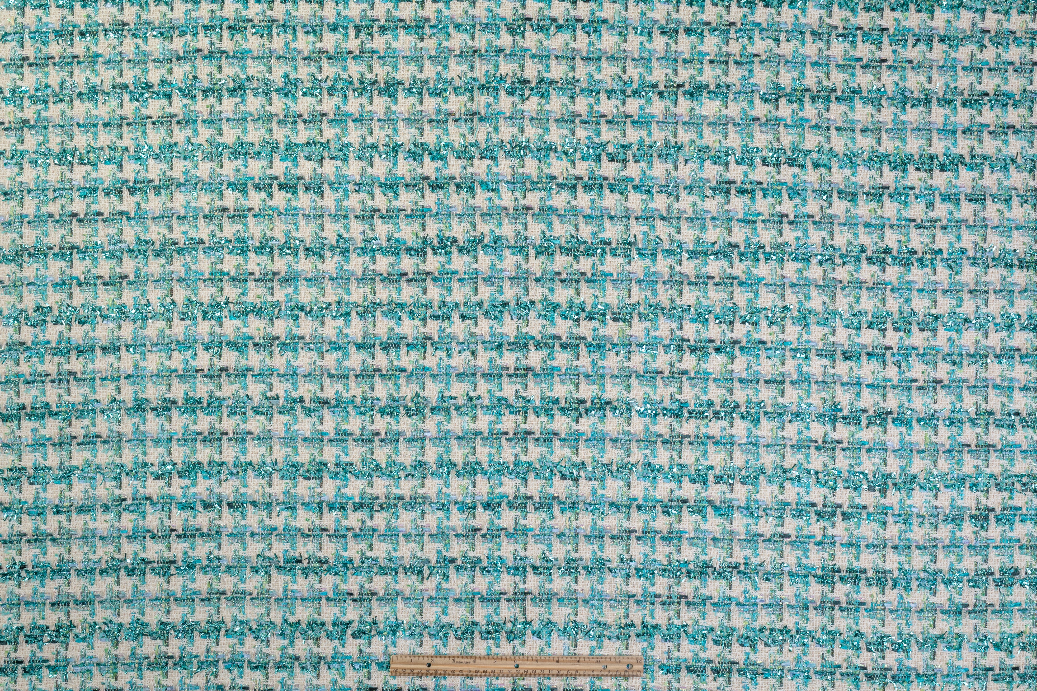 Houndstooth Metallic Cotton Blend Italian Tweed - Teal / Cream