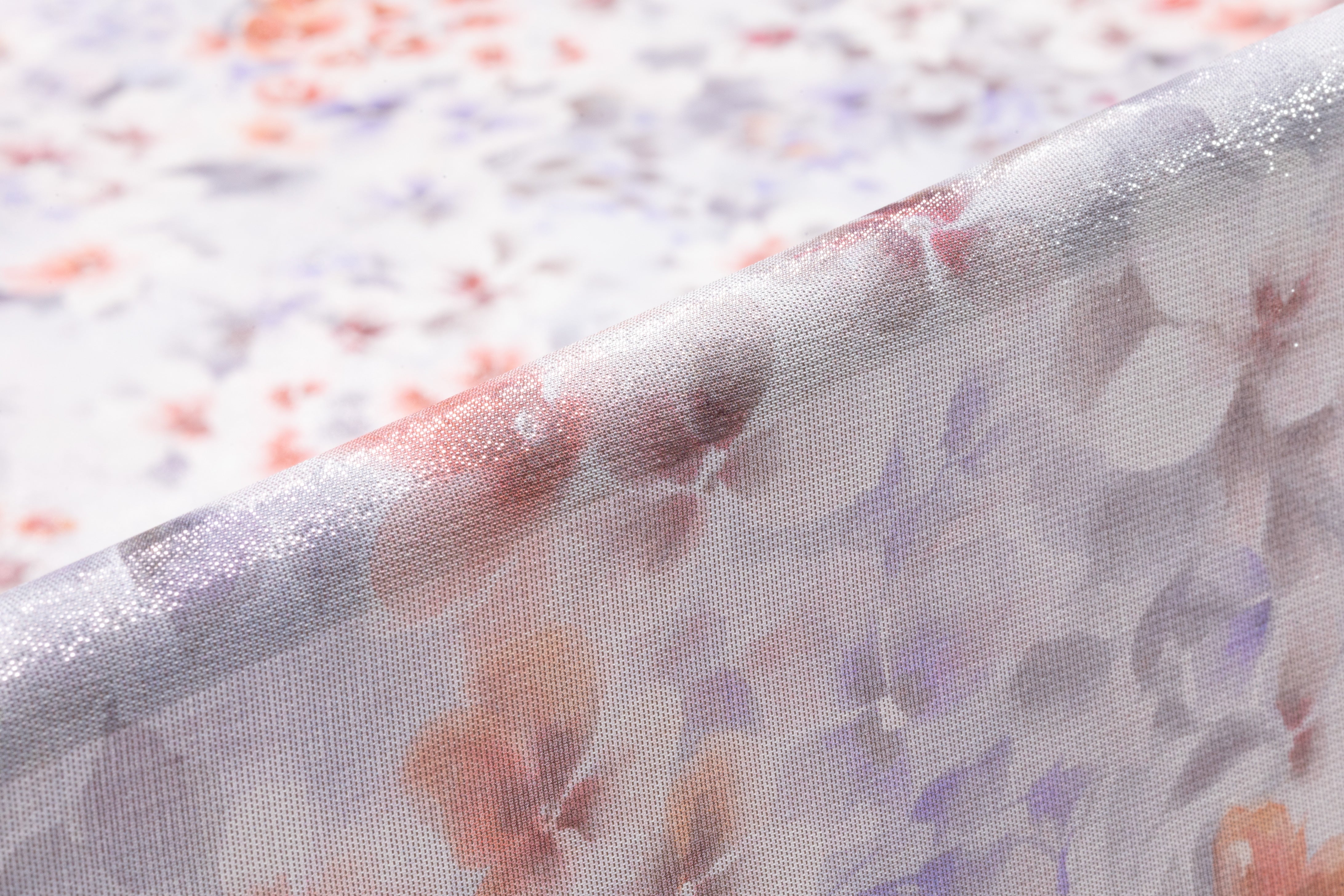 Floral Metallic Silk Chiffon Lamé - Silver / Coral Red / Lavender