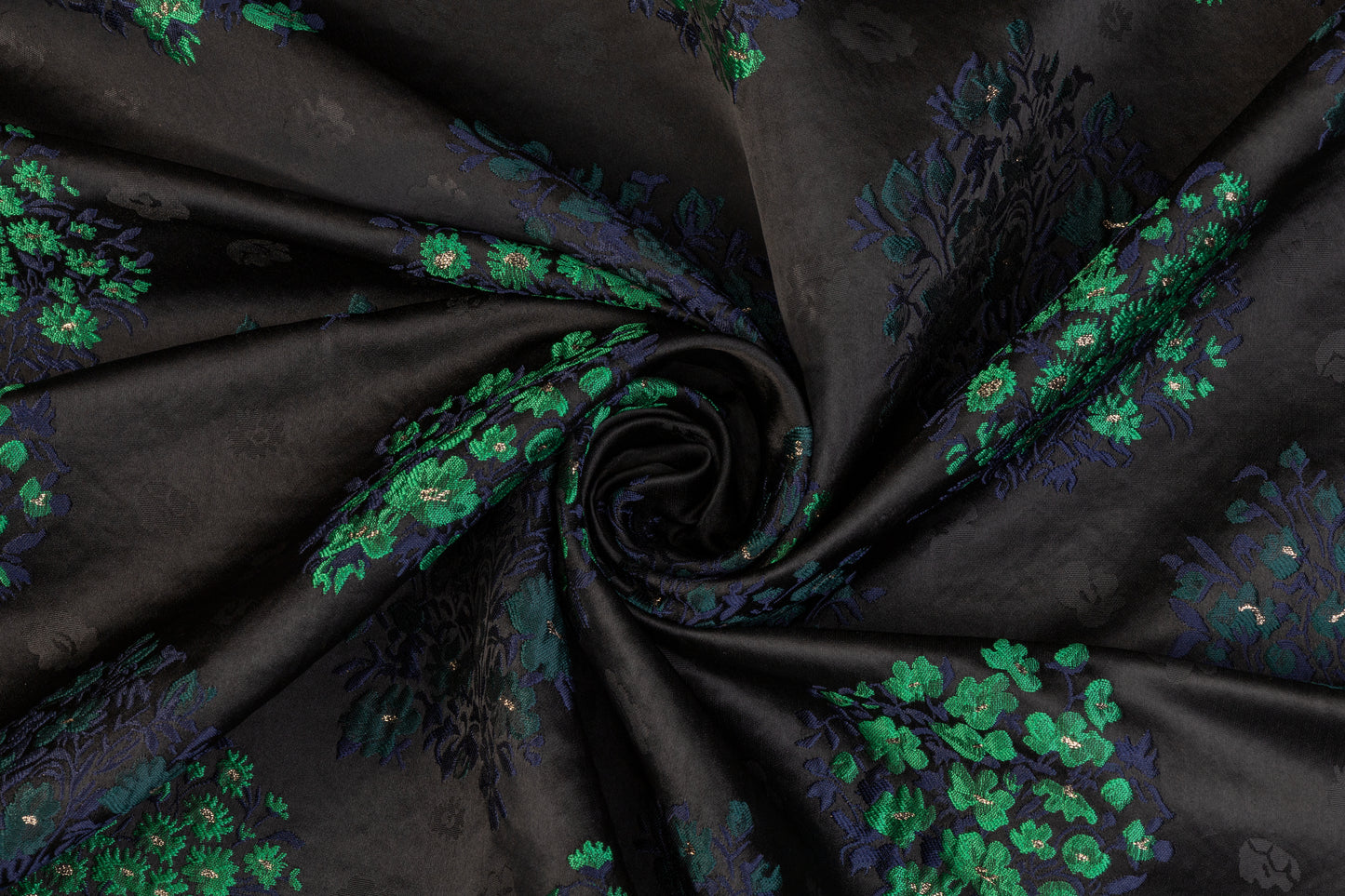 Floral Satin Brocade - Black / Green / Navy