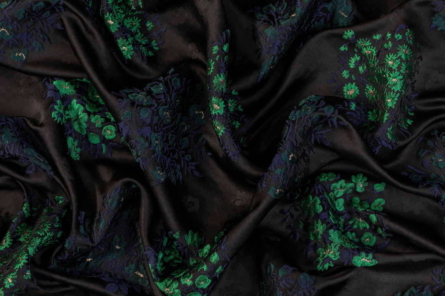 Floral Satin Brocade - Black / Green / Navy