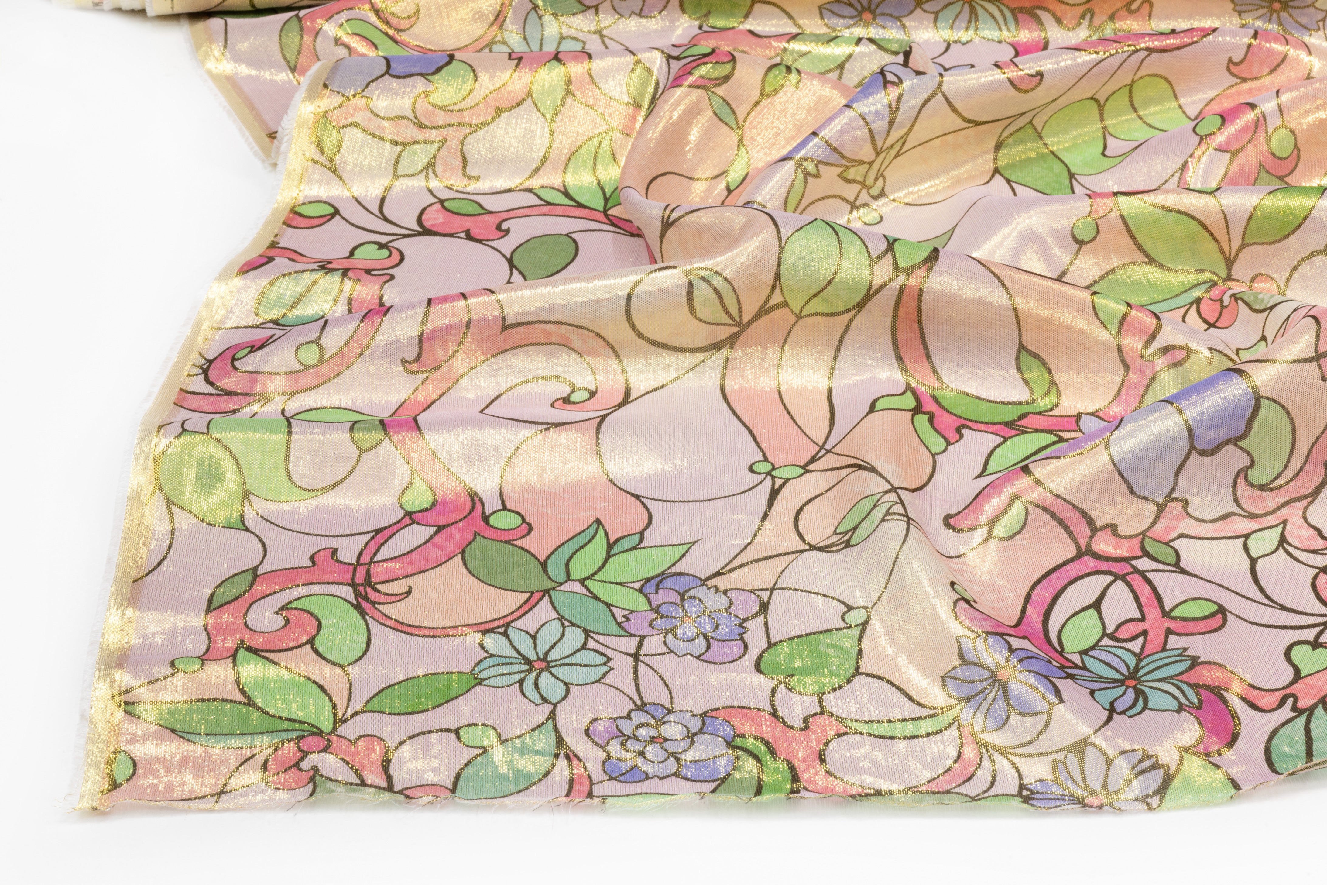 Retro Floral Metallic Silk Chiffon Lamé - Pink / Green / Periwinkle / Gold
