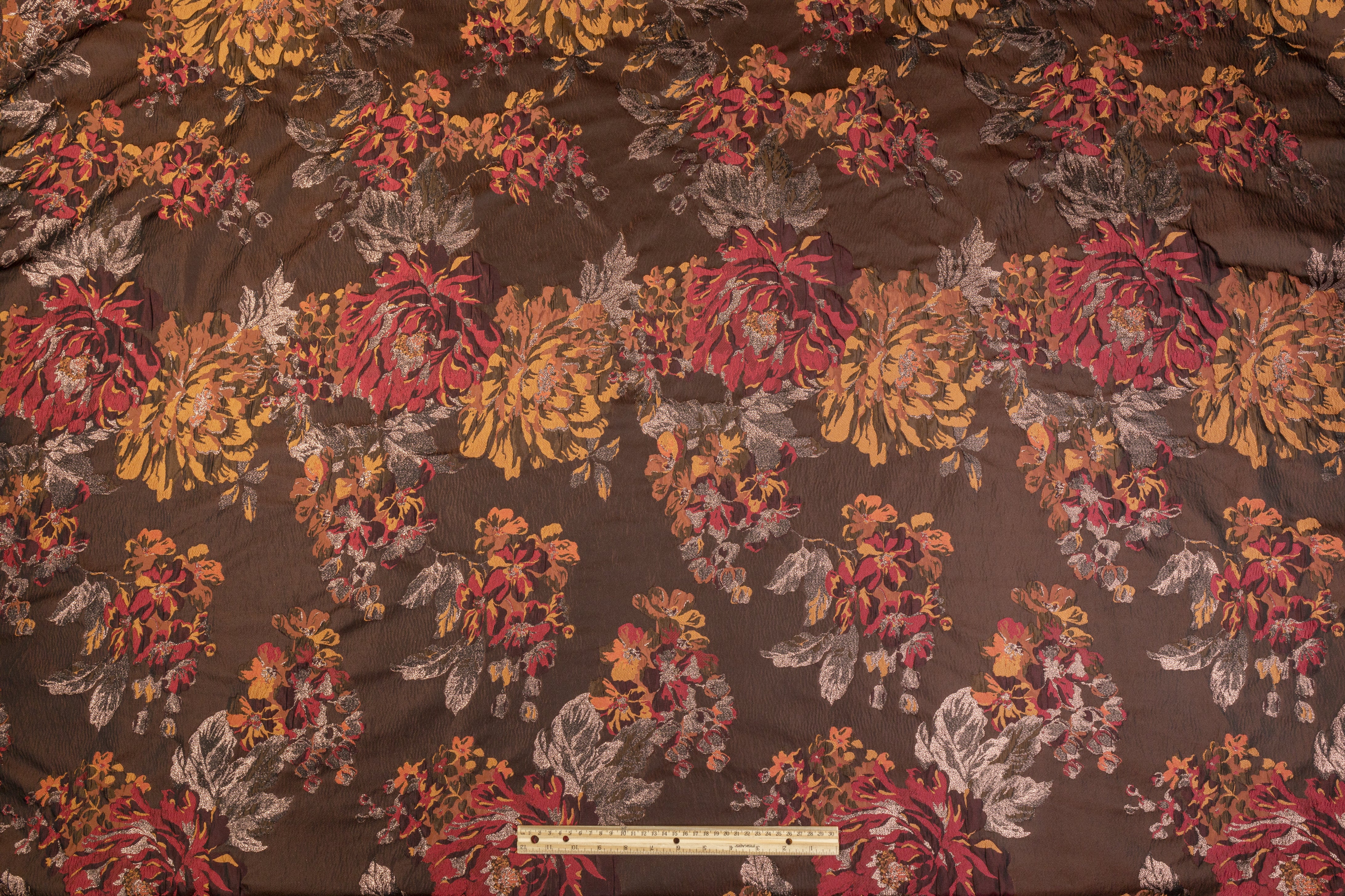 Crushed Floral Metallic Brocade - Burgundy / Burned Orange