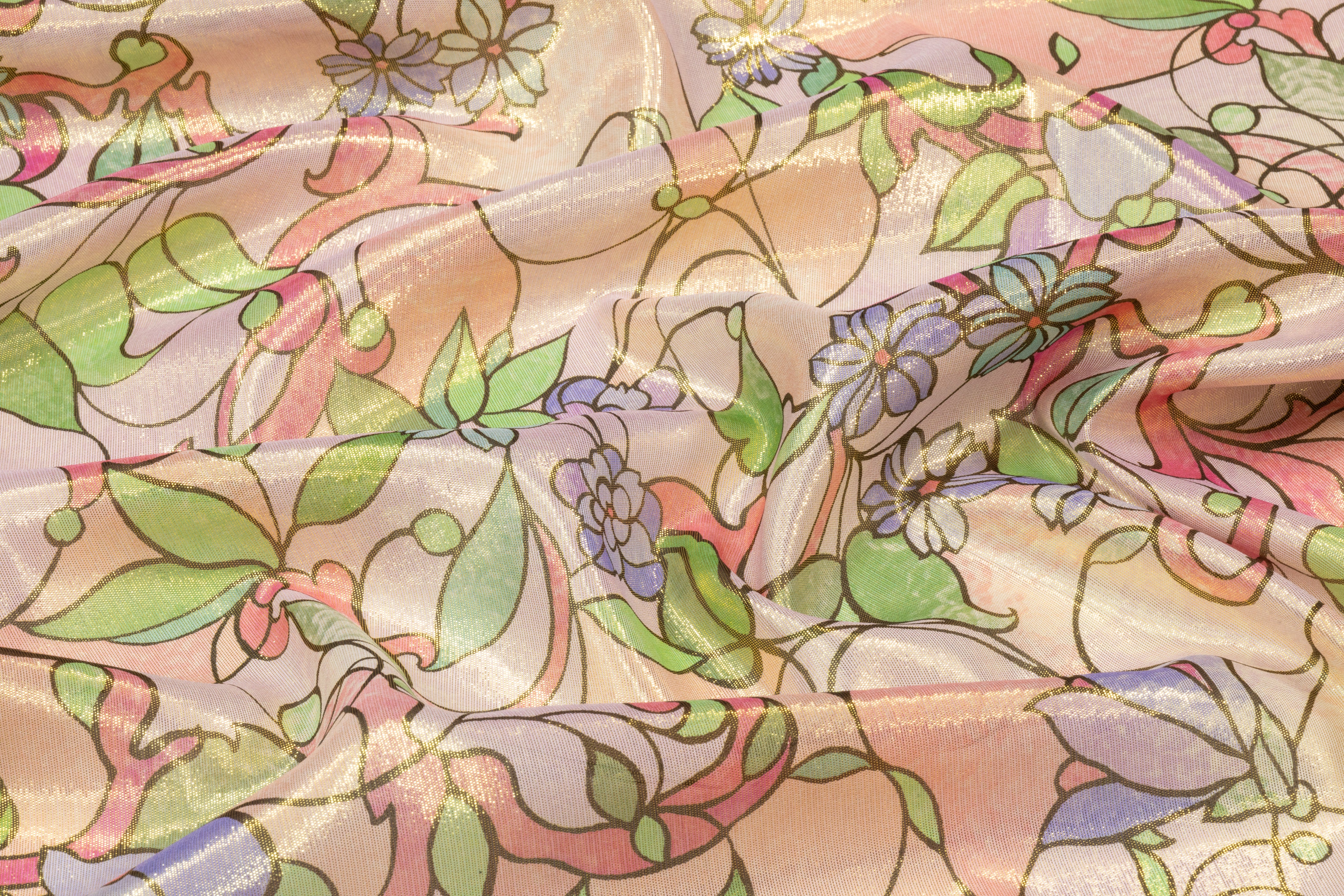 Retro Floral Metallic Silk Chiffon Lamé - Pink / Green / Periwinkle / Gold