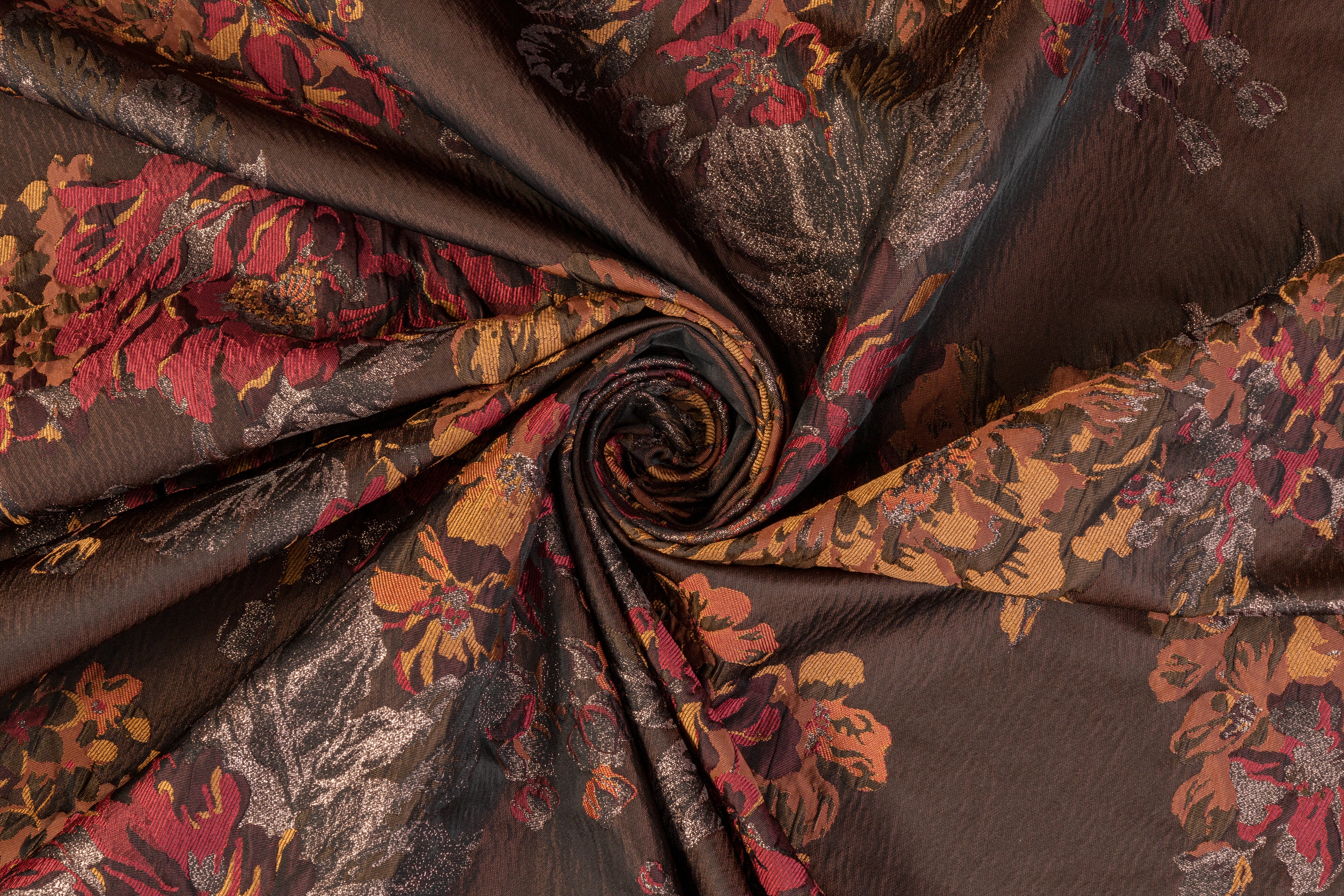 Crushed Floral Metallic Brocade - Burgundy / Burned Orange