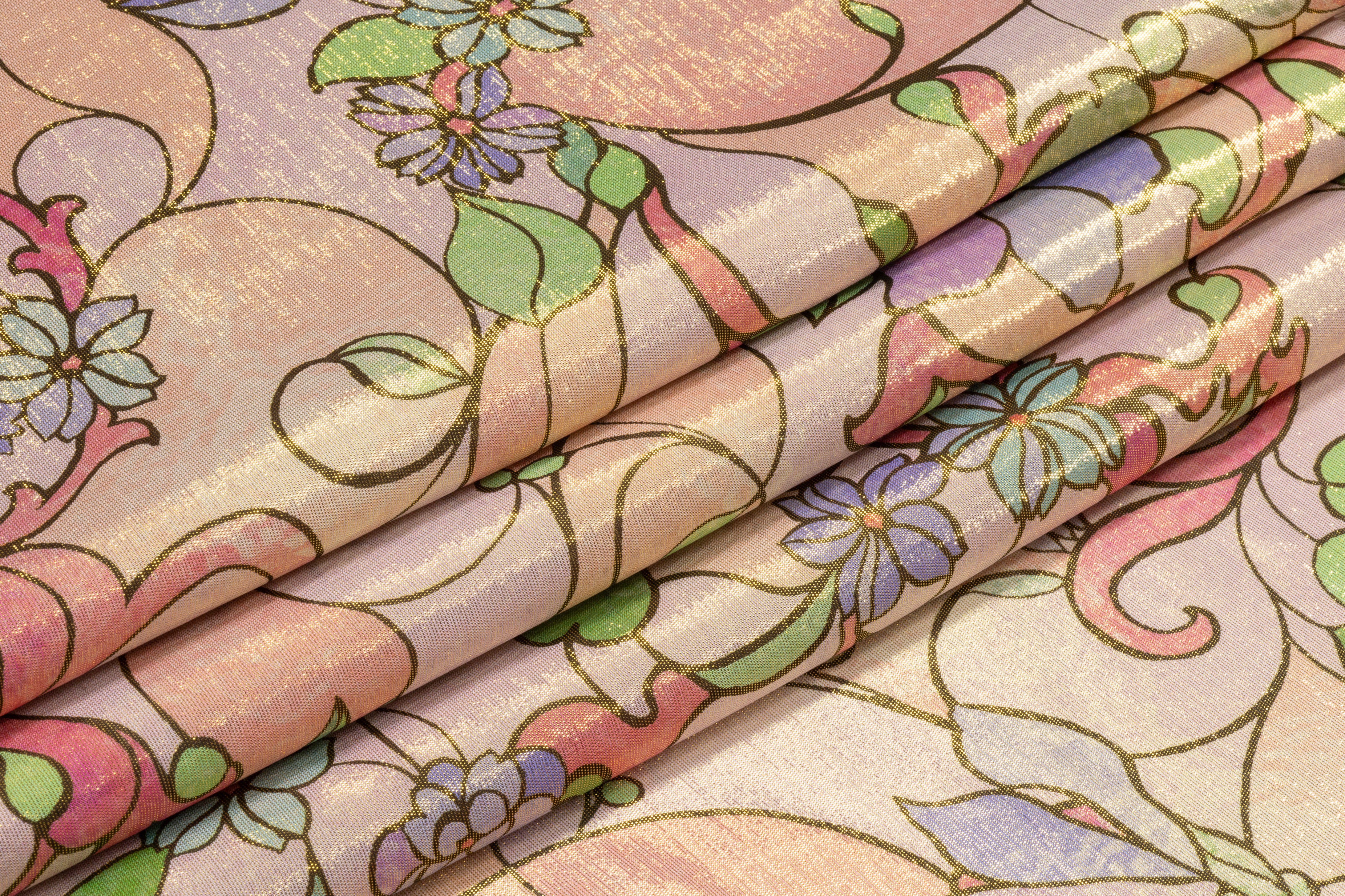Retro Floral Metallic Silk Chiffon Lamé - Pink / Green / Periwinkle / Gold