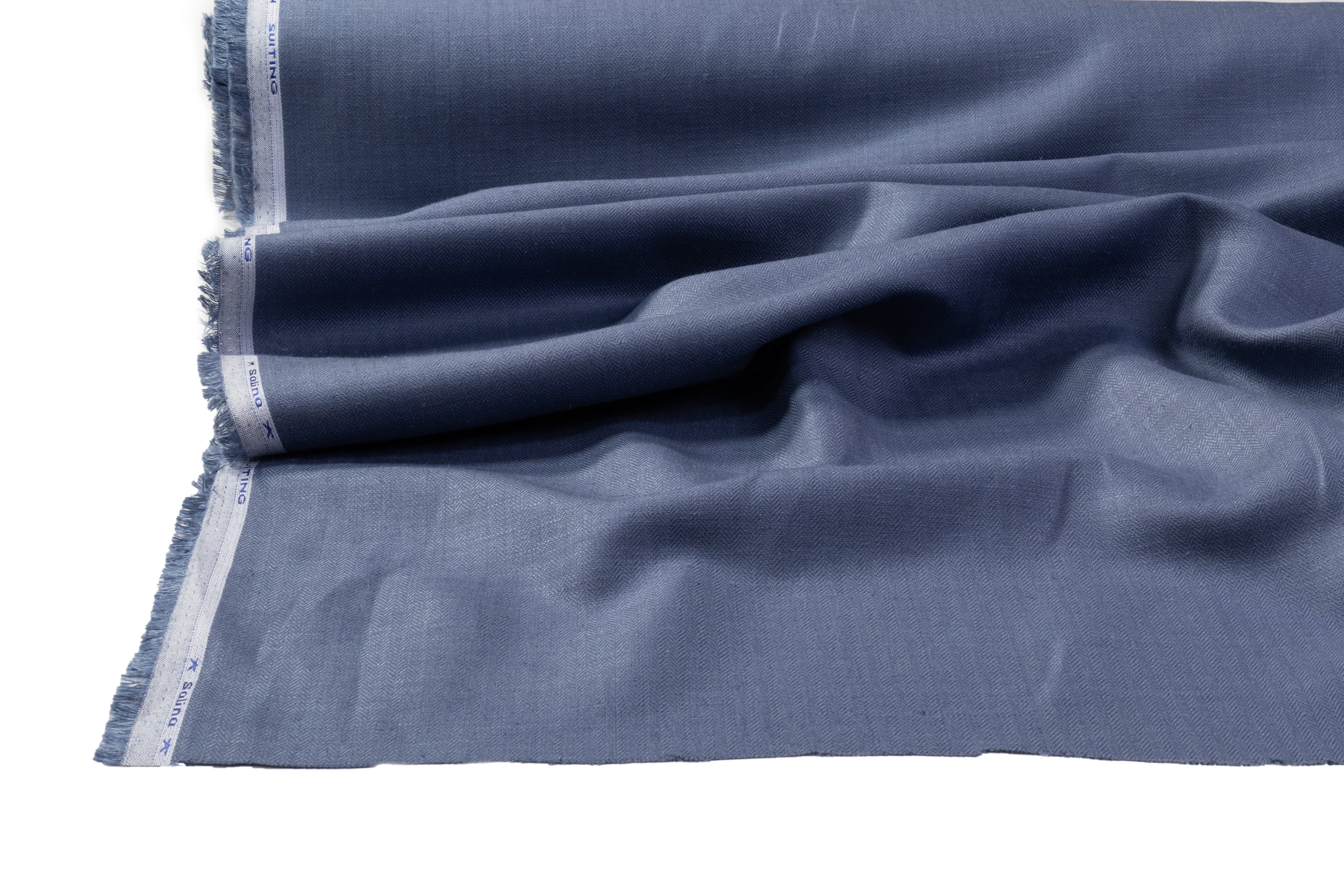 Herringbone Italian Wool Linen Suiting - Dusty Blue