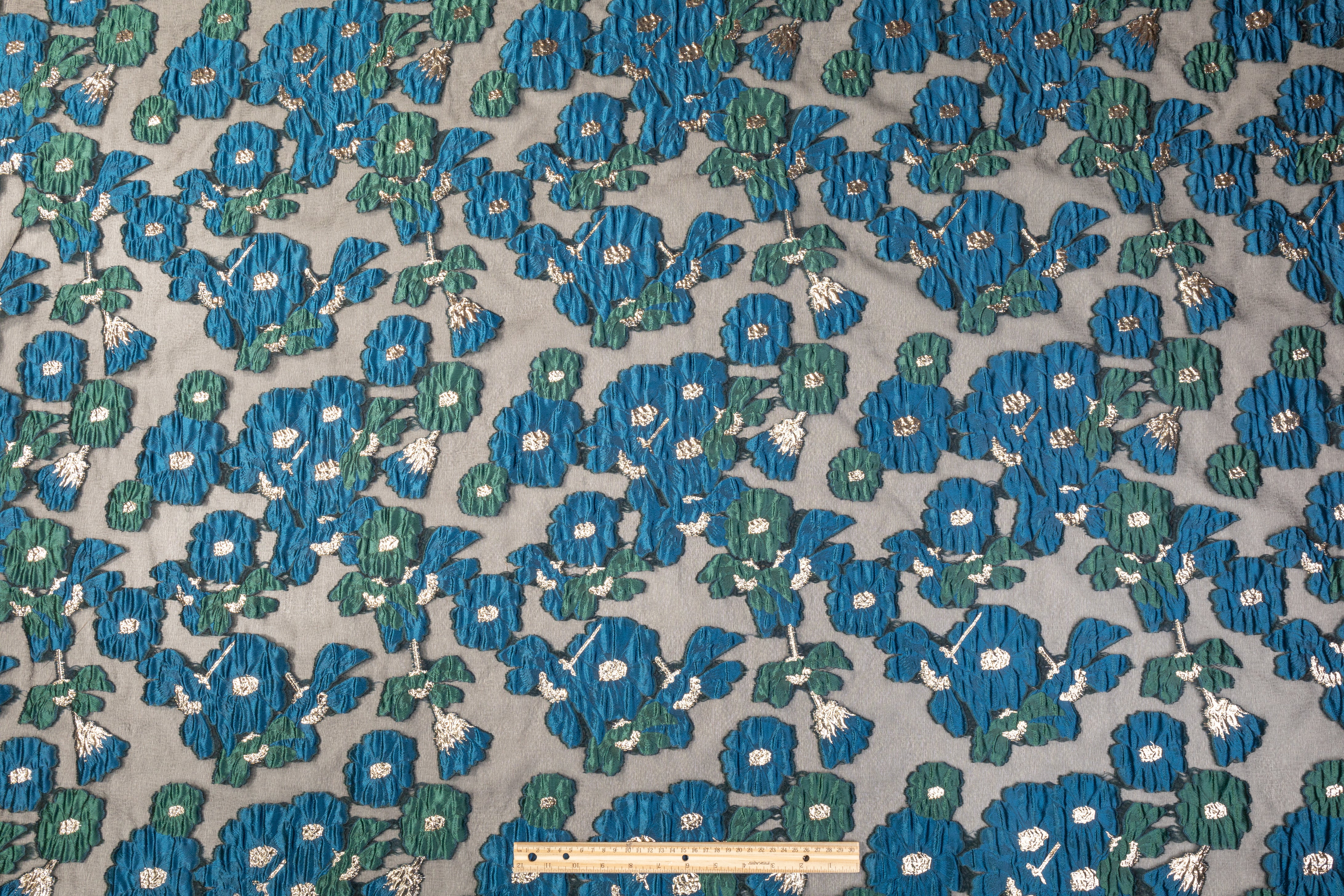 Floral Metallic Organza Burnout Brocade - Teal / Blue / Black