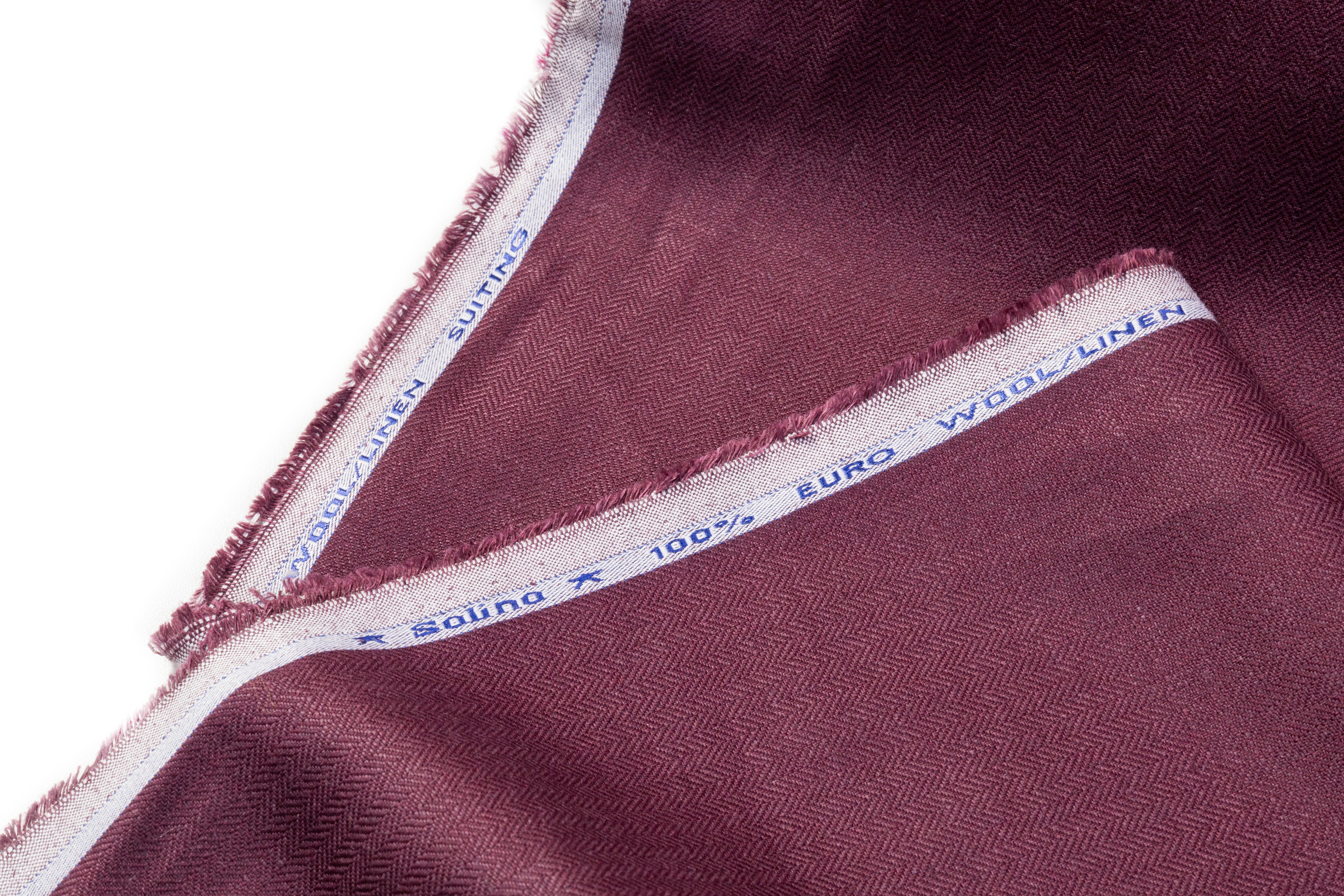 Herringbone Italian Wool Linen Suiting - Burgundy