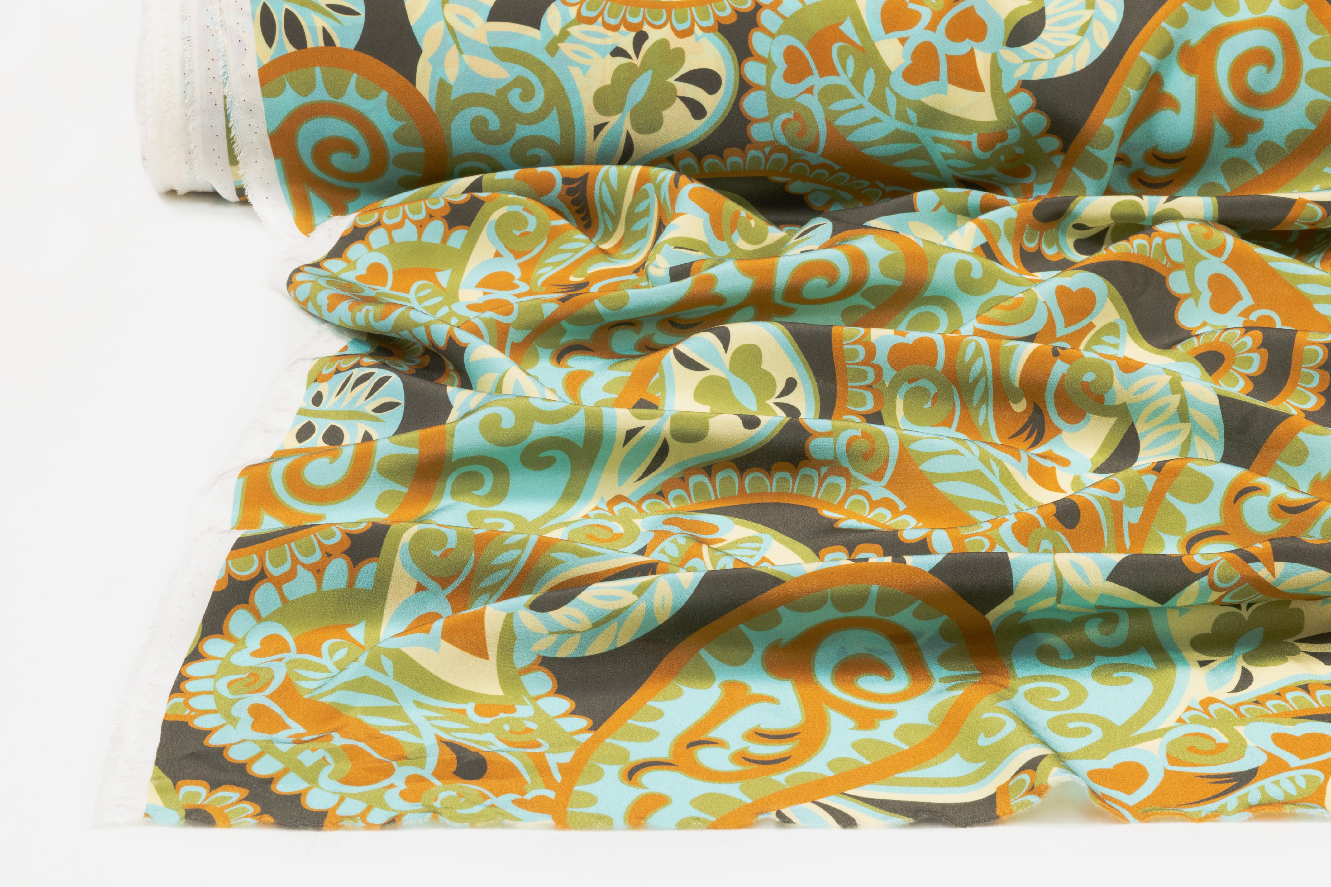 Paisley Italian Silk Crepe de Chine - Aqua / Olive / Burnt Orange