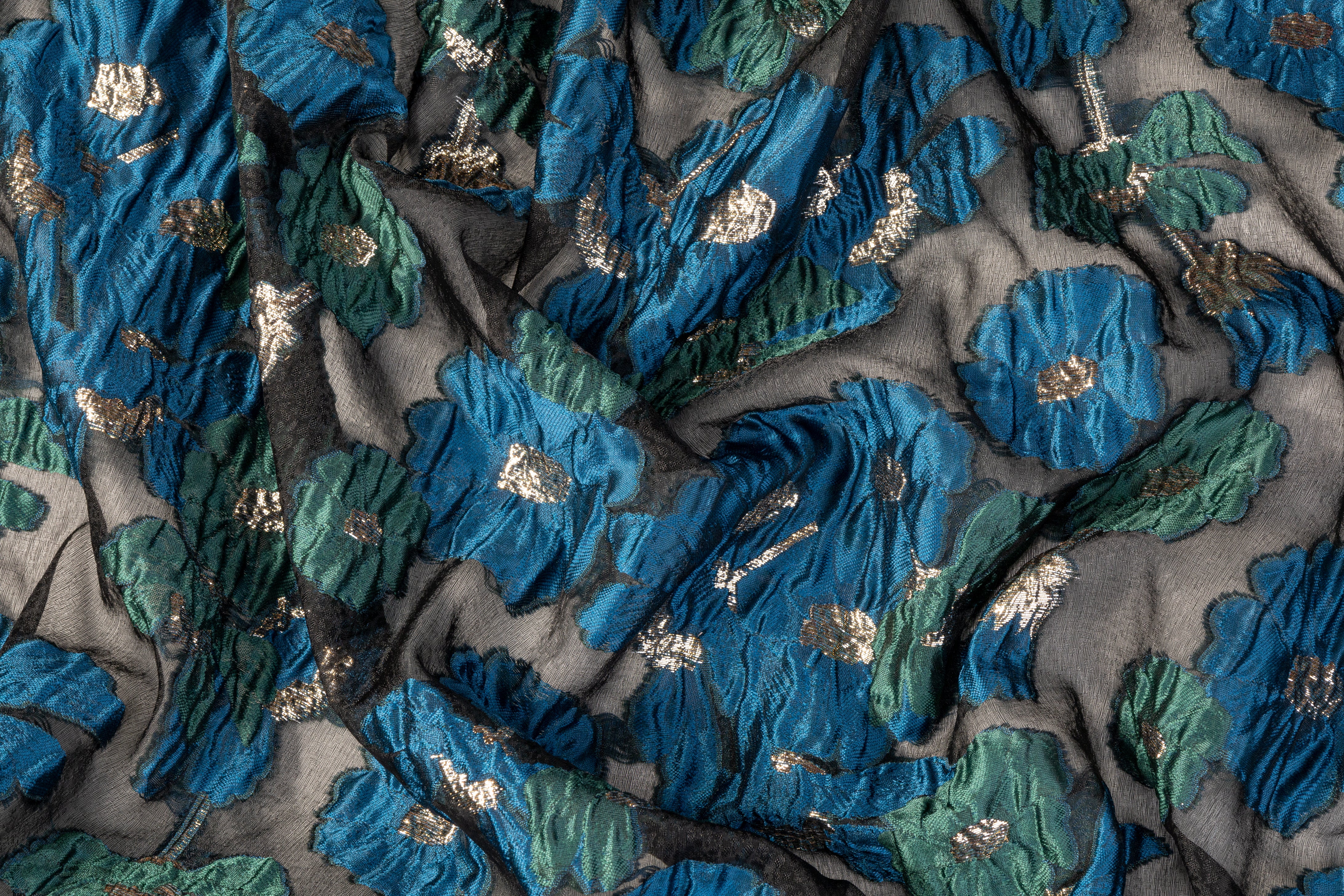 Floral Metallic Organza Burnout Brocade - Teal / Blue / Black