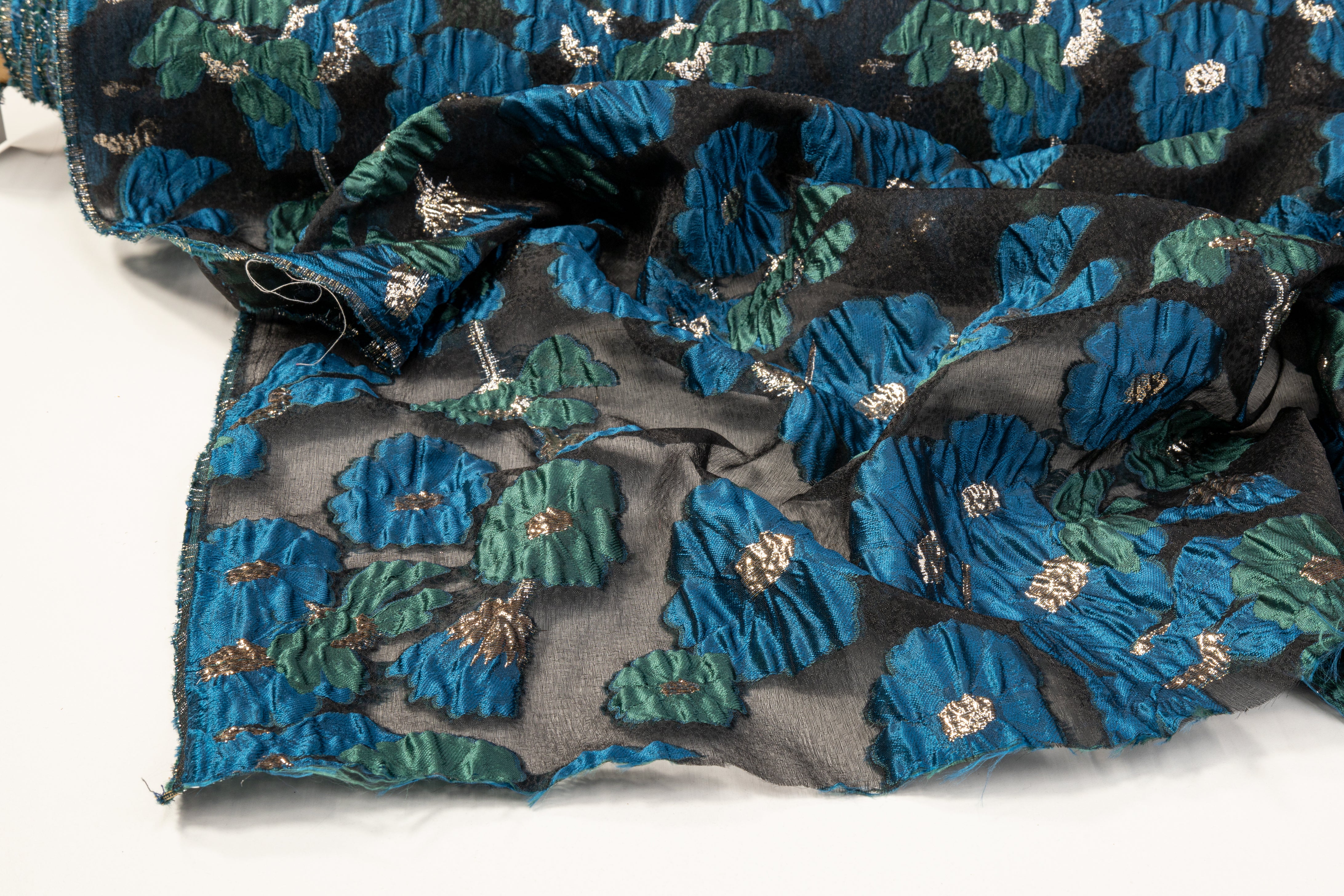 Floral Metallic Organza Burnout Brocade - Teal / Blue / Black