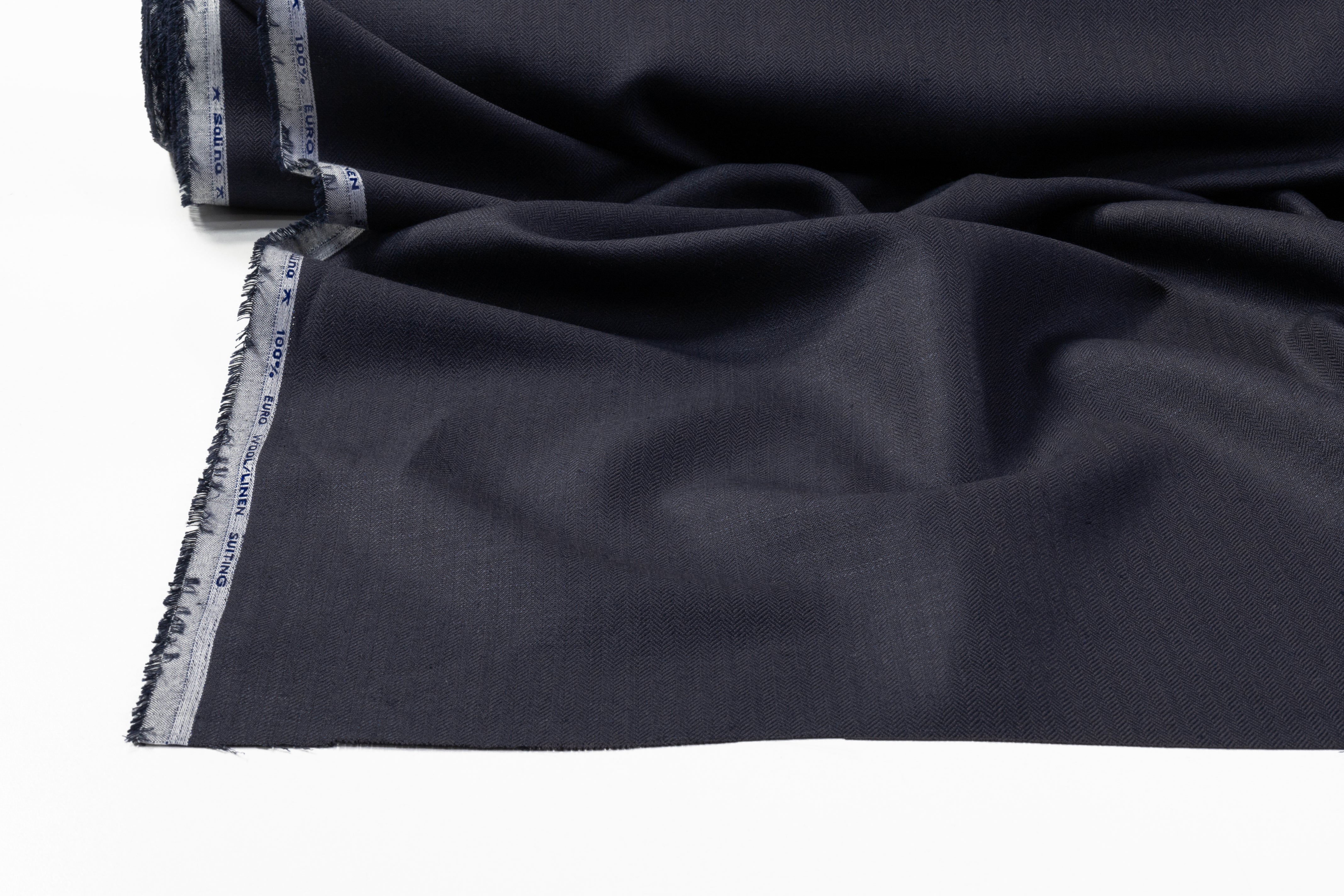 Herringbone Italian Wool Linen Suiting - Navy