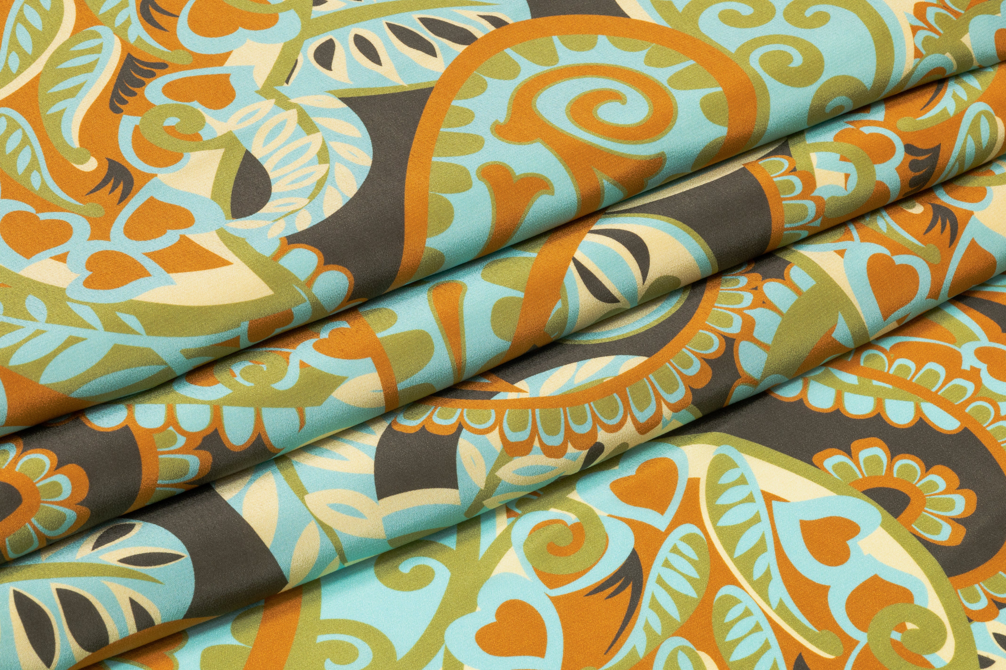 Paisley Italian Silk Crepe de Chine - Aqua / Olive / Burnt Orange