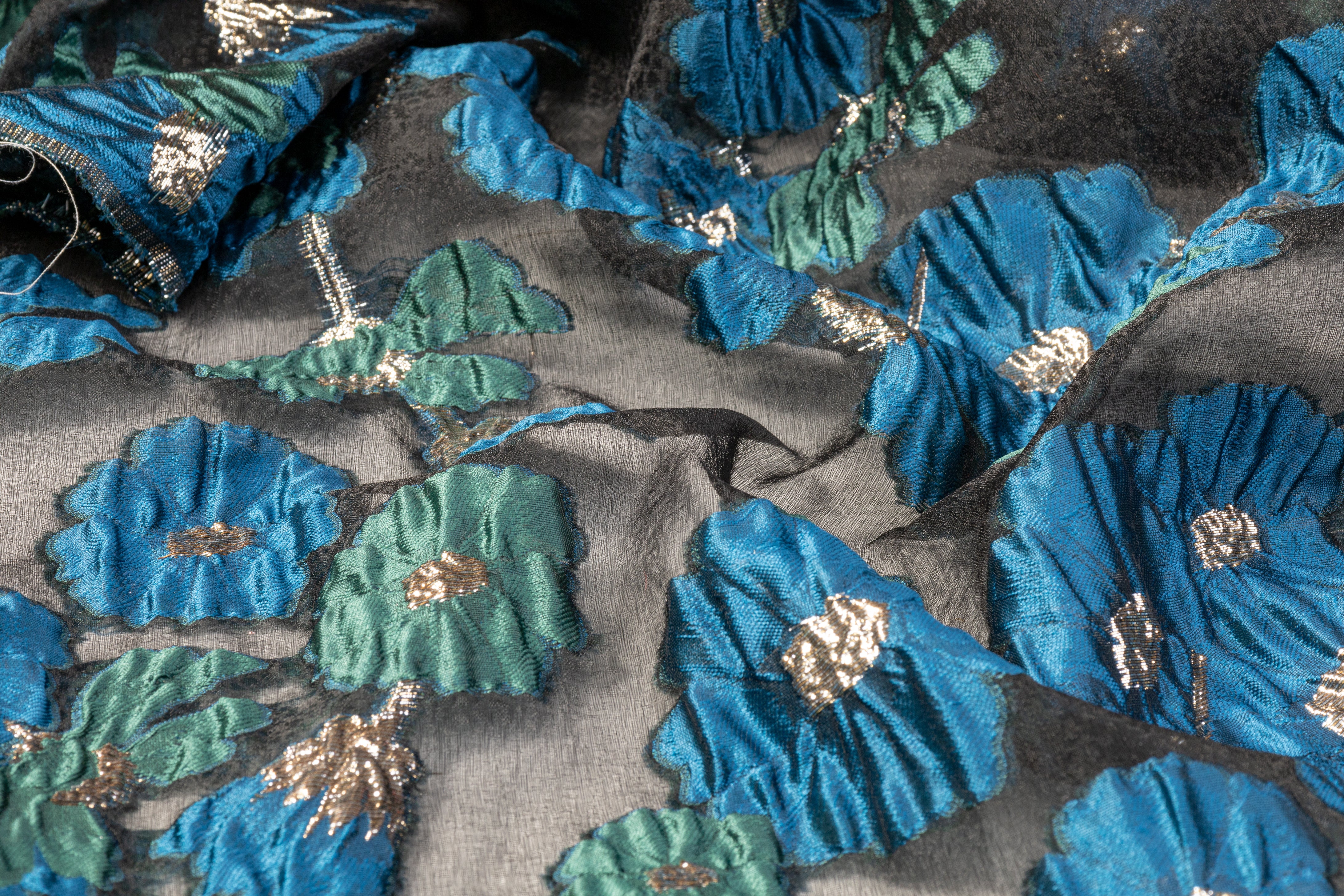 Floral Metallic Organza Burnout Brocade - Teal / Blue / Black