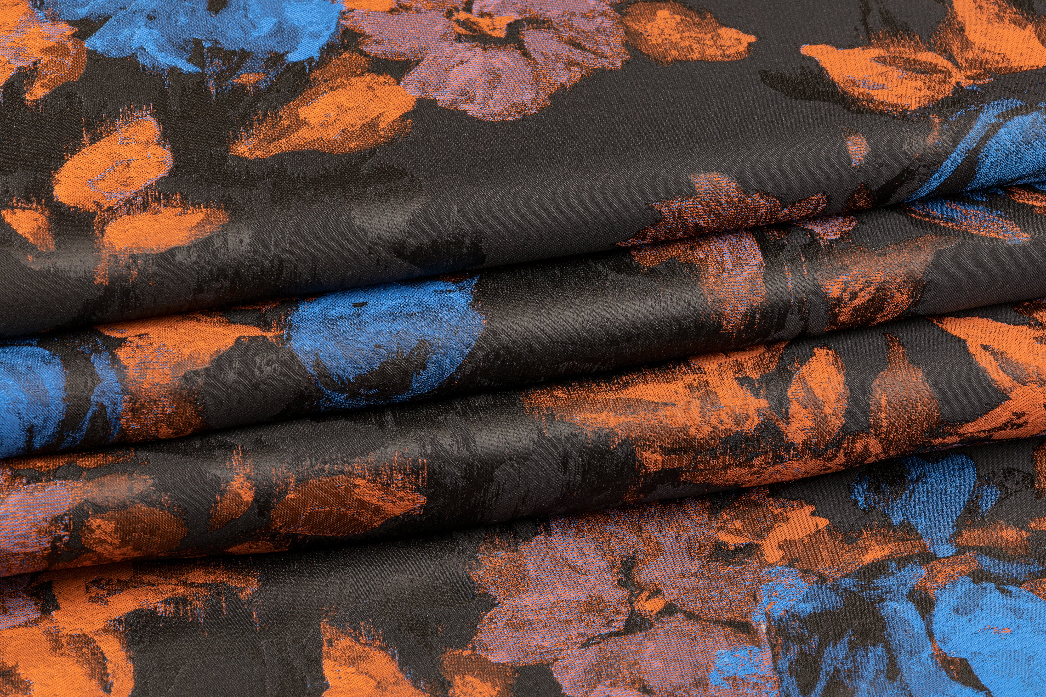 Floral Satin Jacquard - Blue / Orange / Black