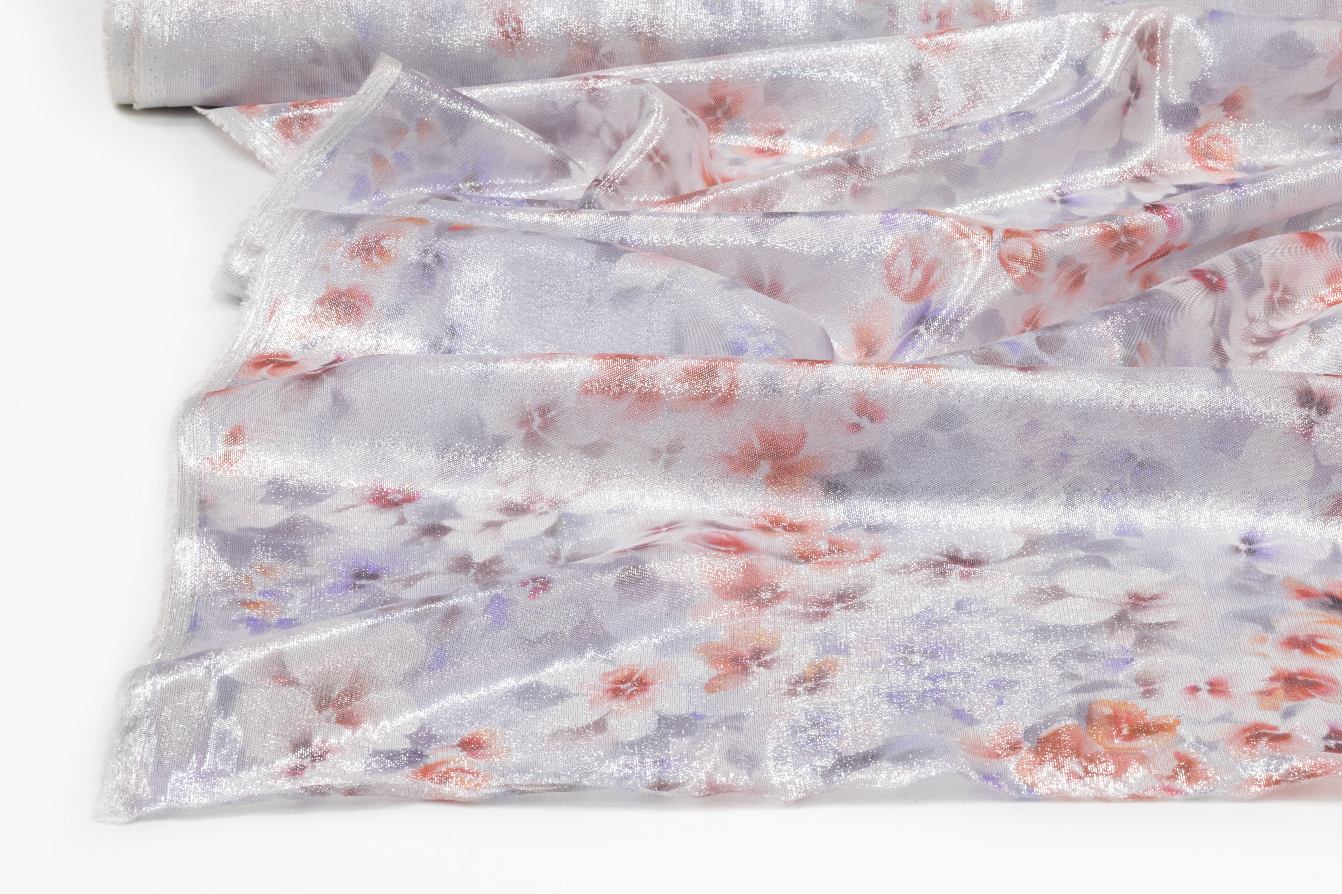 Floral Metallic Silk Chiffon Lamé - Silver / Coral Red / Lavender