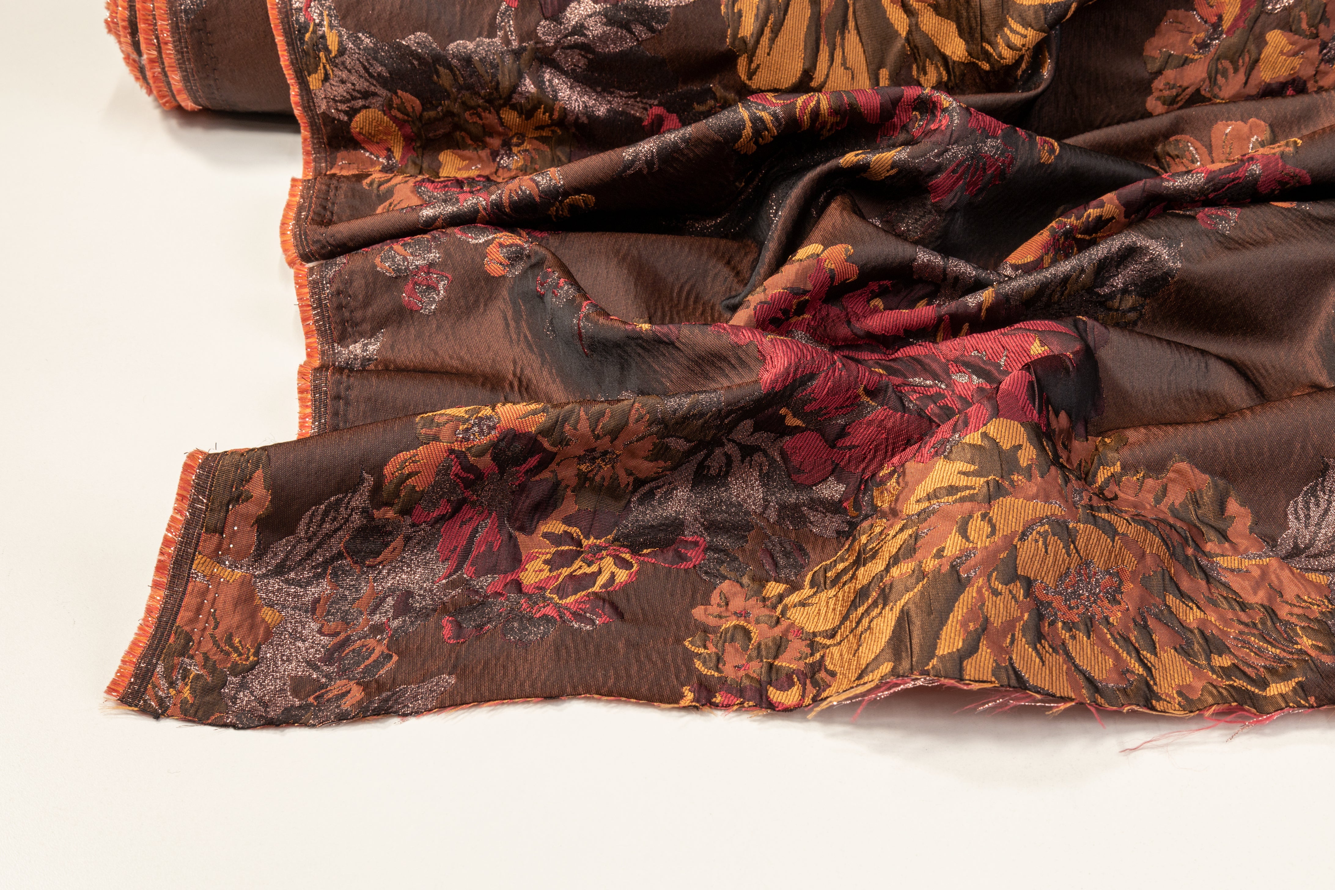 Crushed Floral Metallic Brocade - Burgundy / Burned Orange