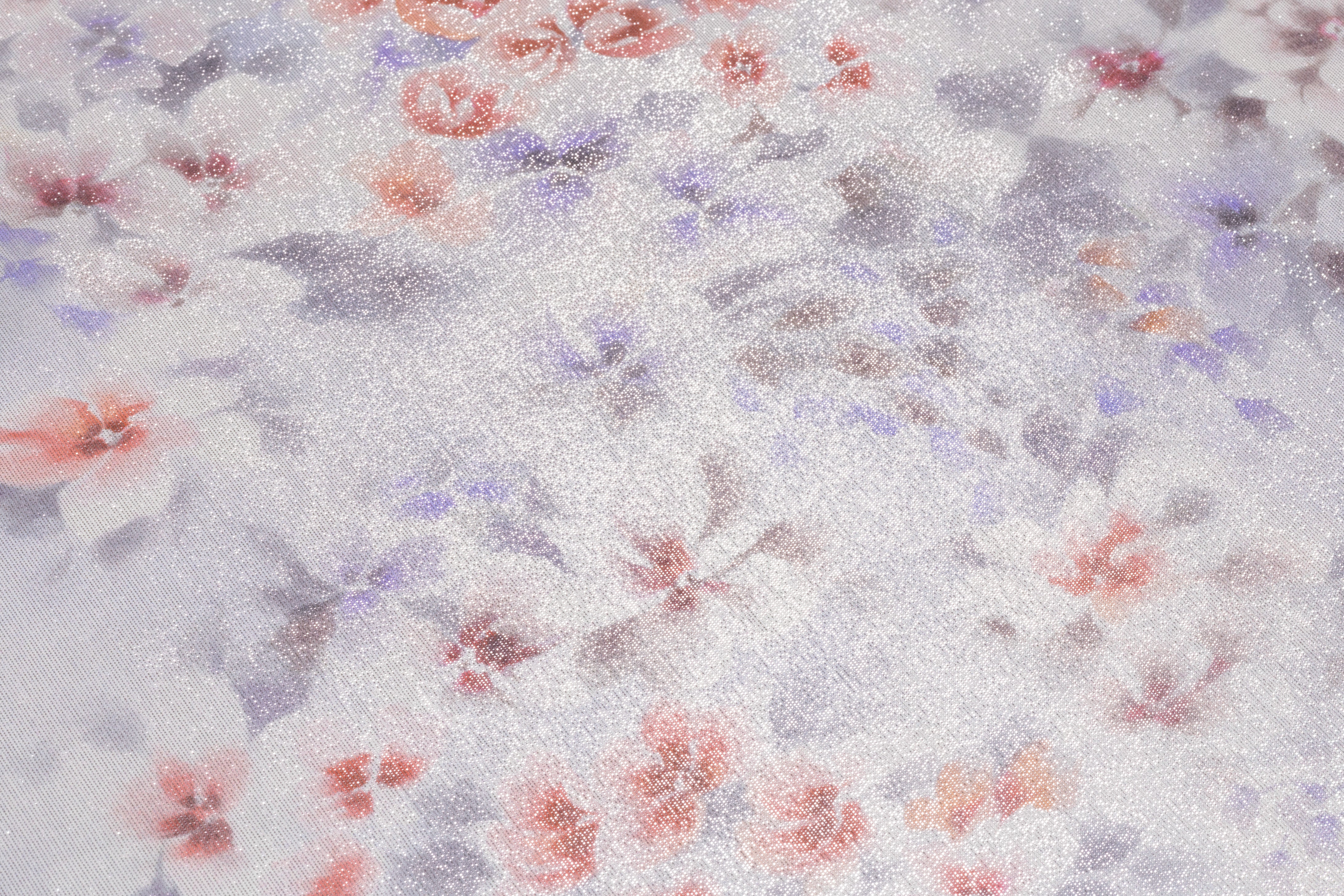Floral Metallic Silk Chiffon Lamé - Silver / Coral Red / Lavender
