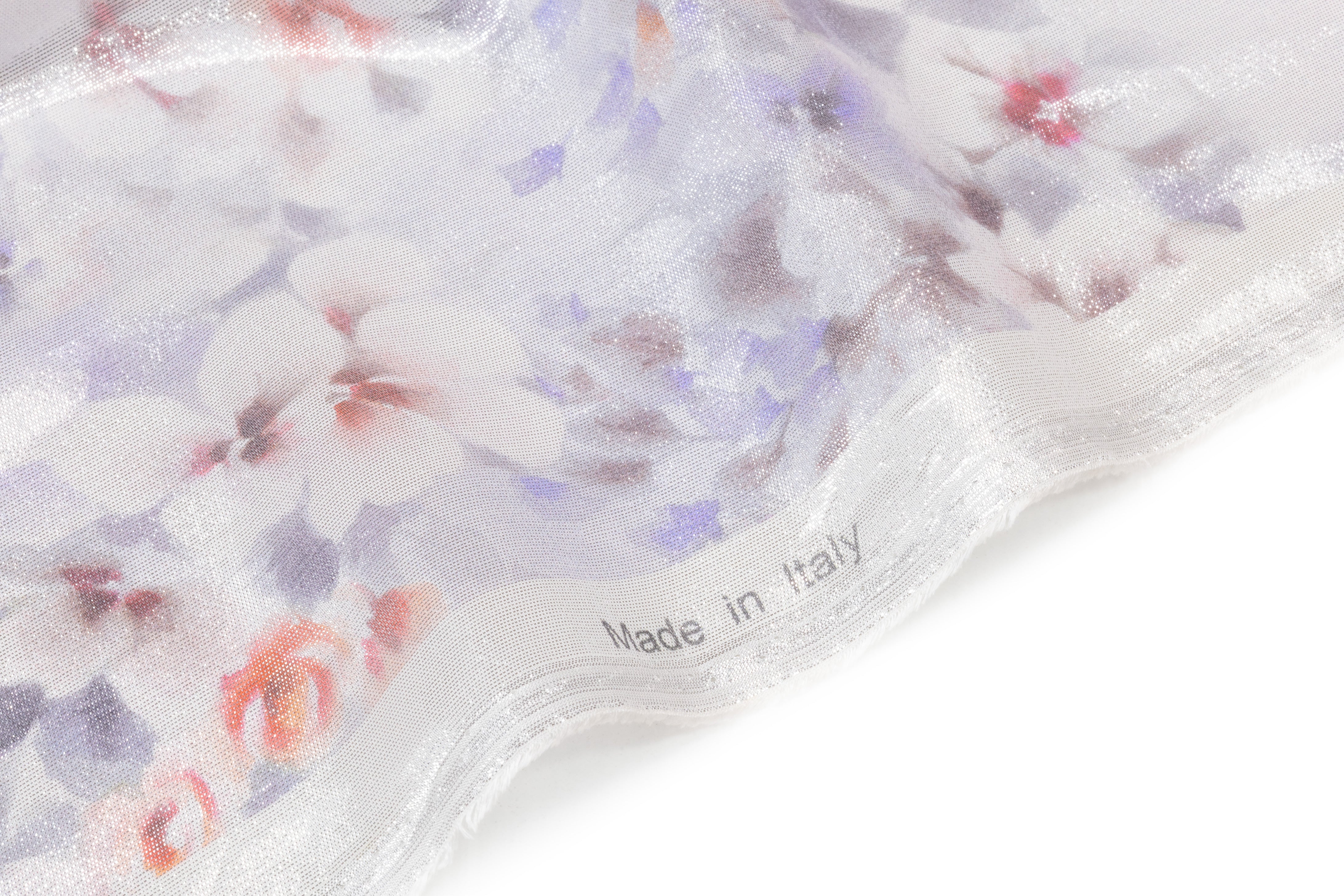 Floral Metallic Silk Chiffon Lamé - Silver / Coral Red / Lavender