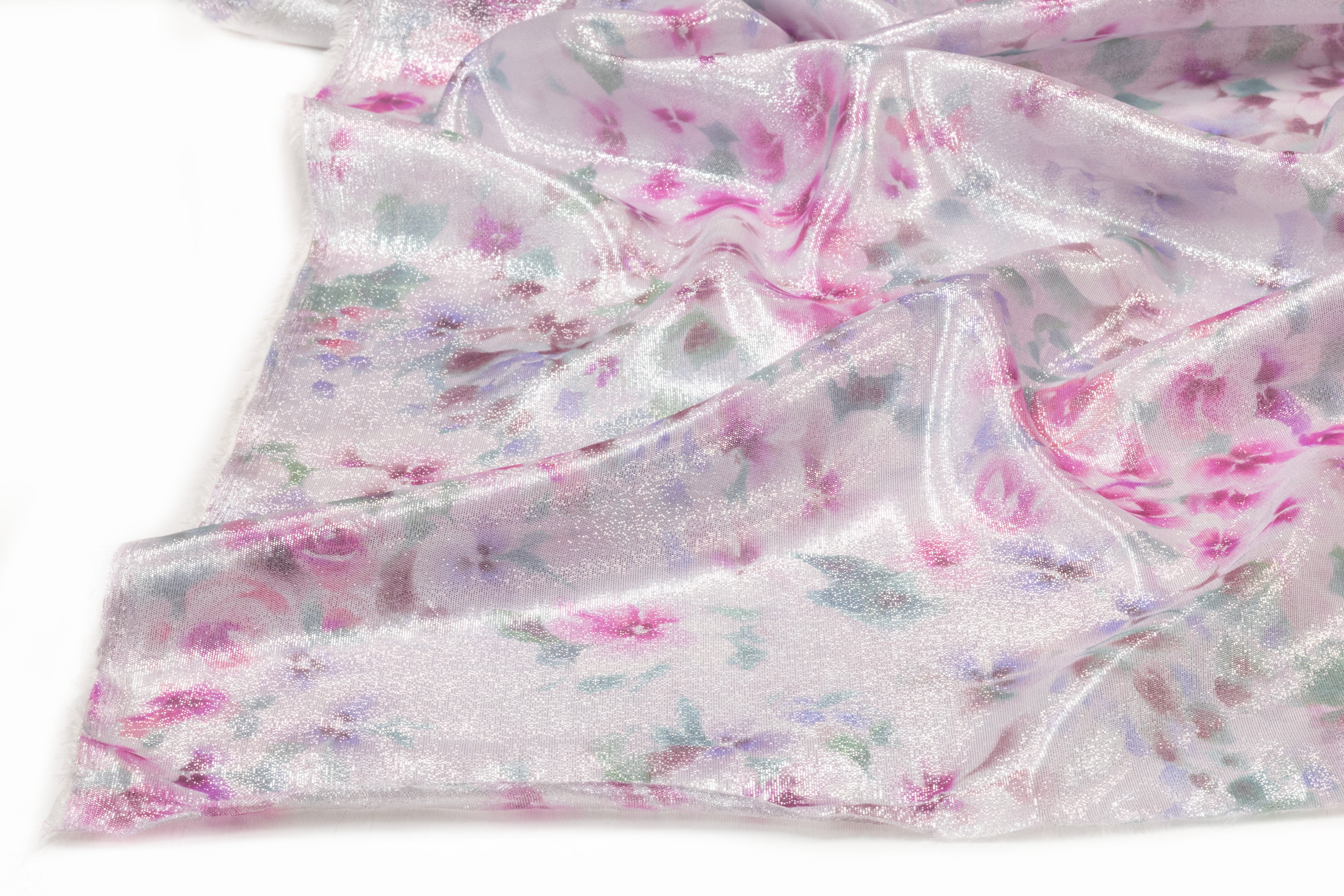 Floral Metallic Silk Chiffon Lamé - Pink / Green / Silver
