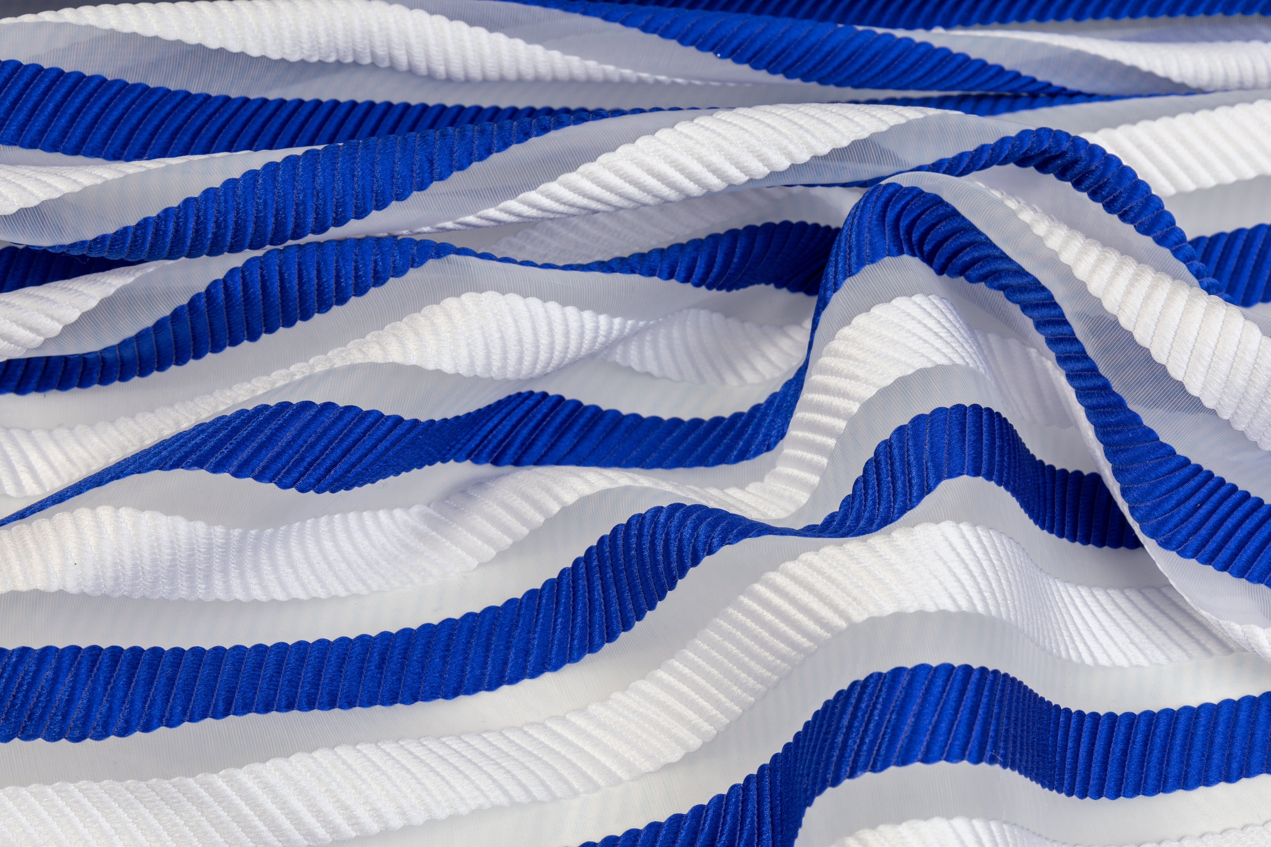 Ribbed Striped Organza Burnout Brocade - Blue / White
