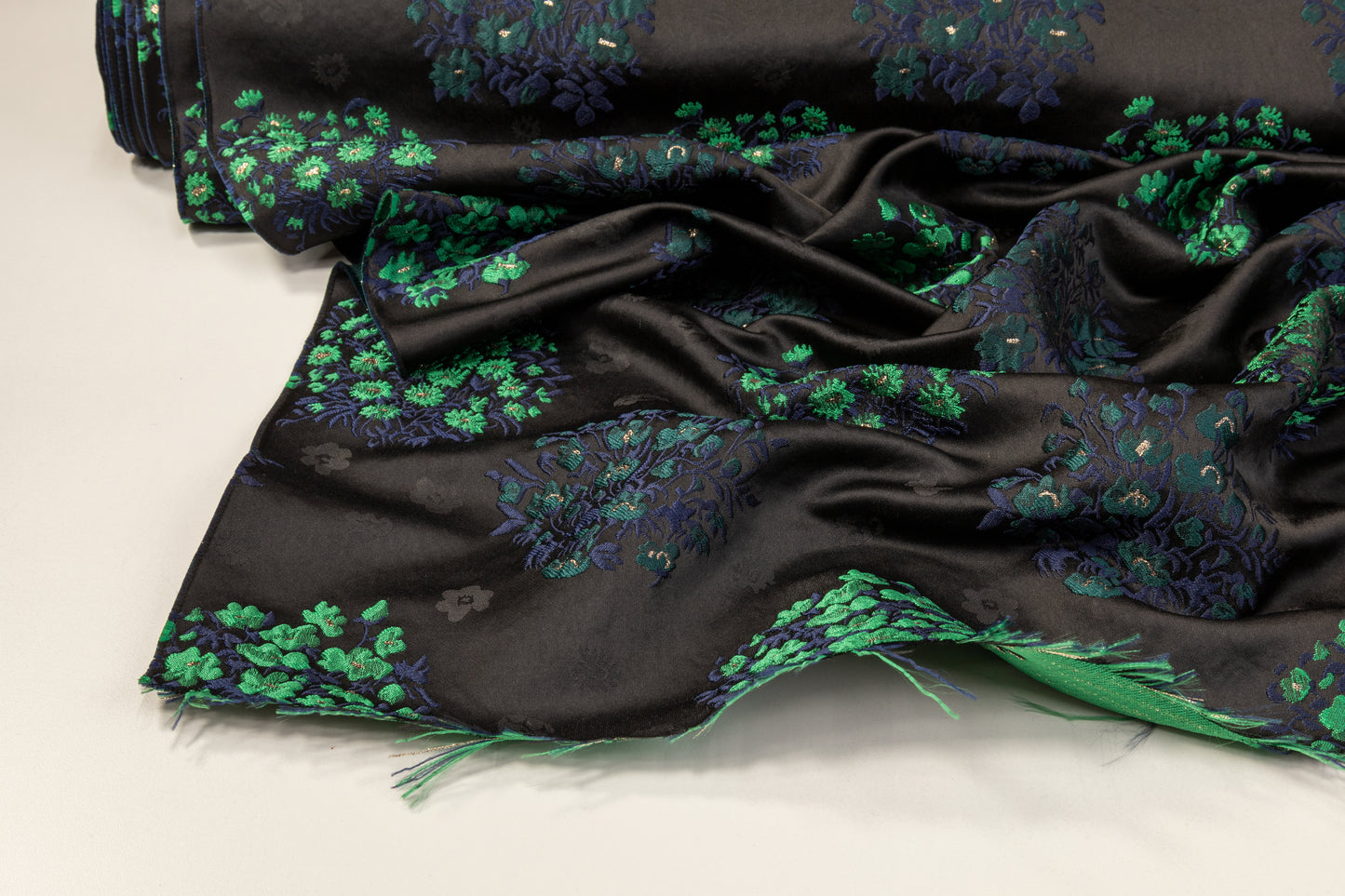 Floral Satin Brocade - Black / Green / Navy
