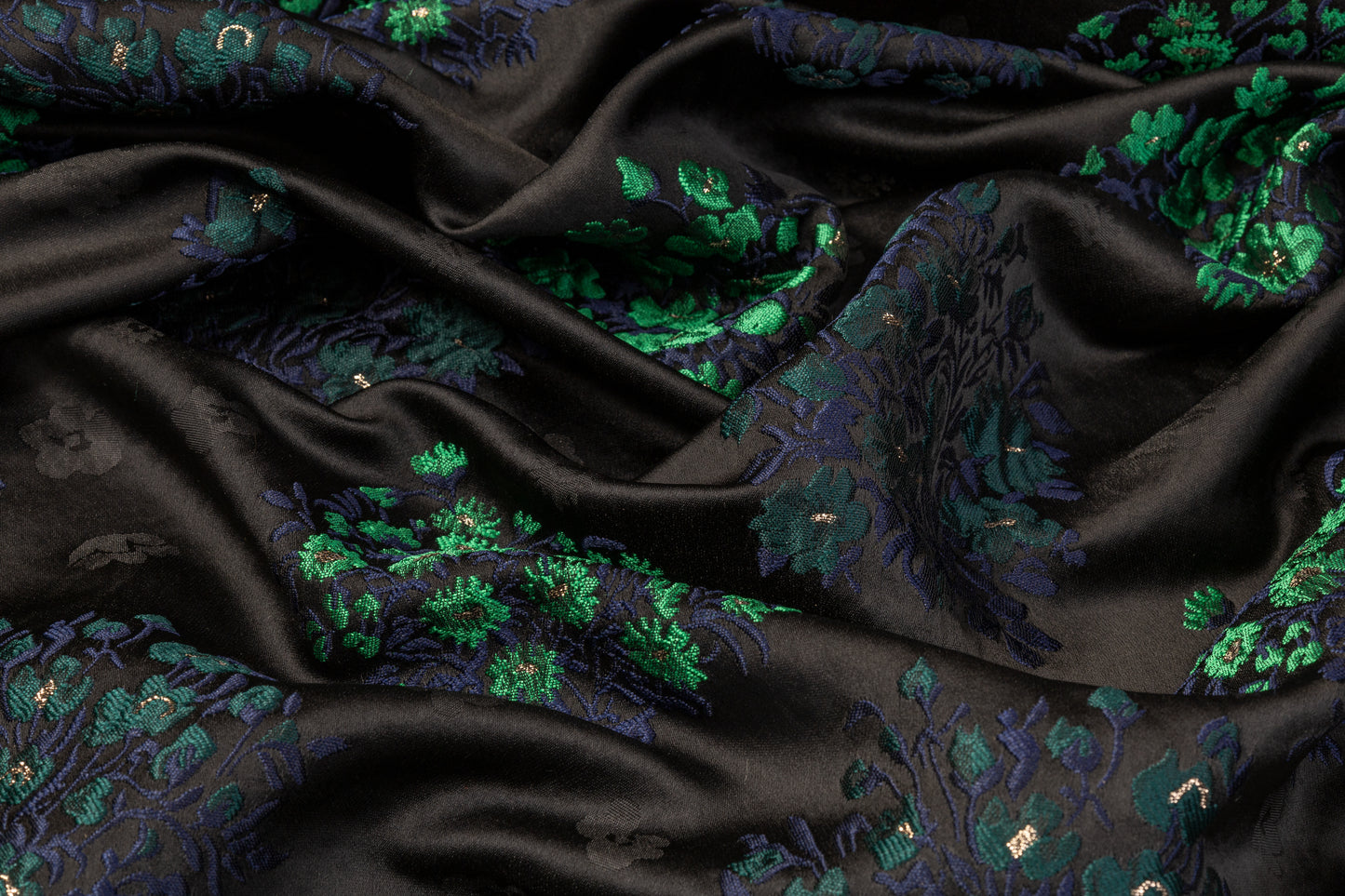 Floral Satin Brocade - Black / Green / Navy