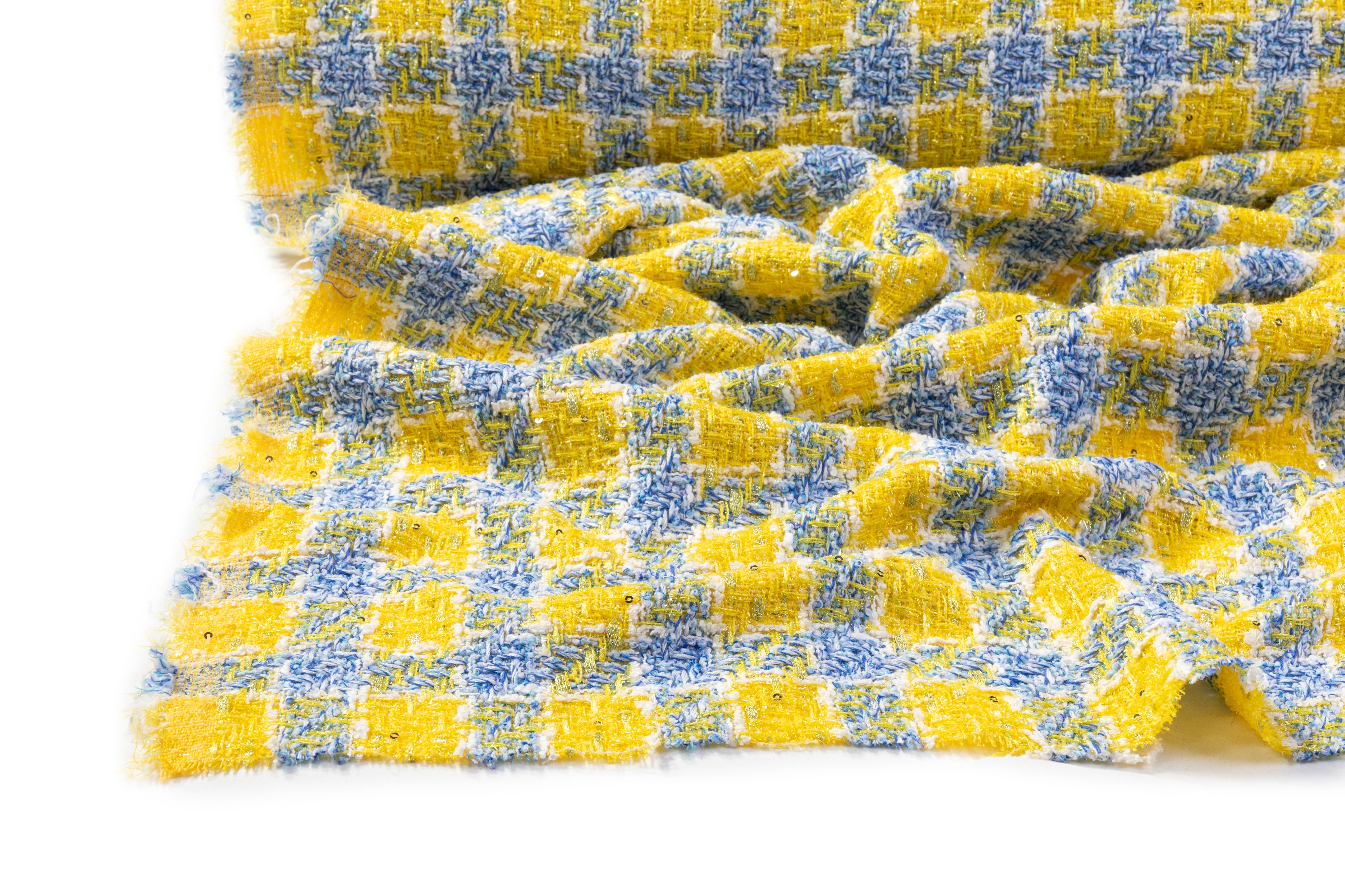 Metallic Italian Cotton Blend Tweed Boucle - Yellow / Blue / White