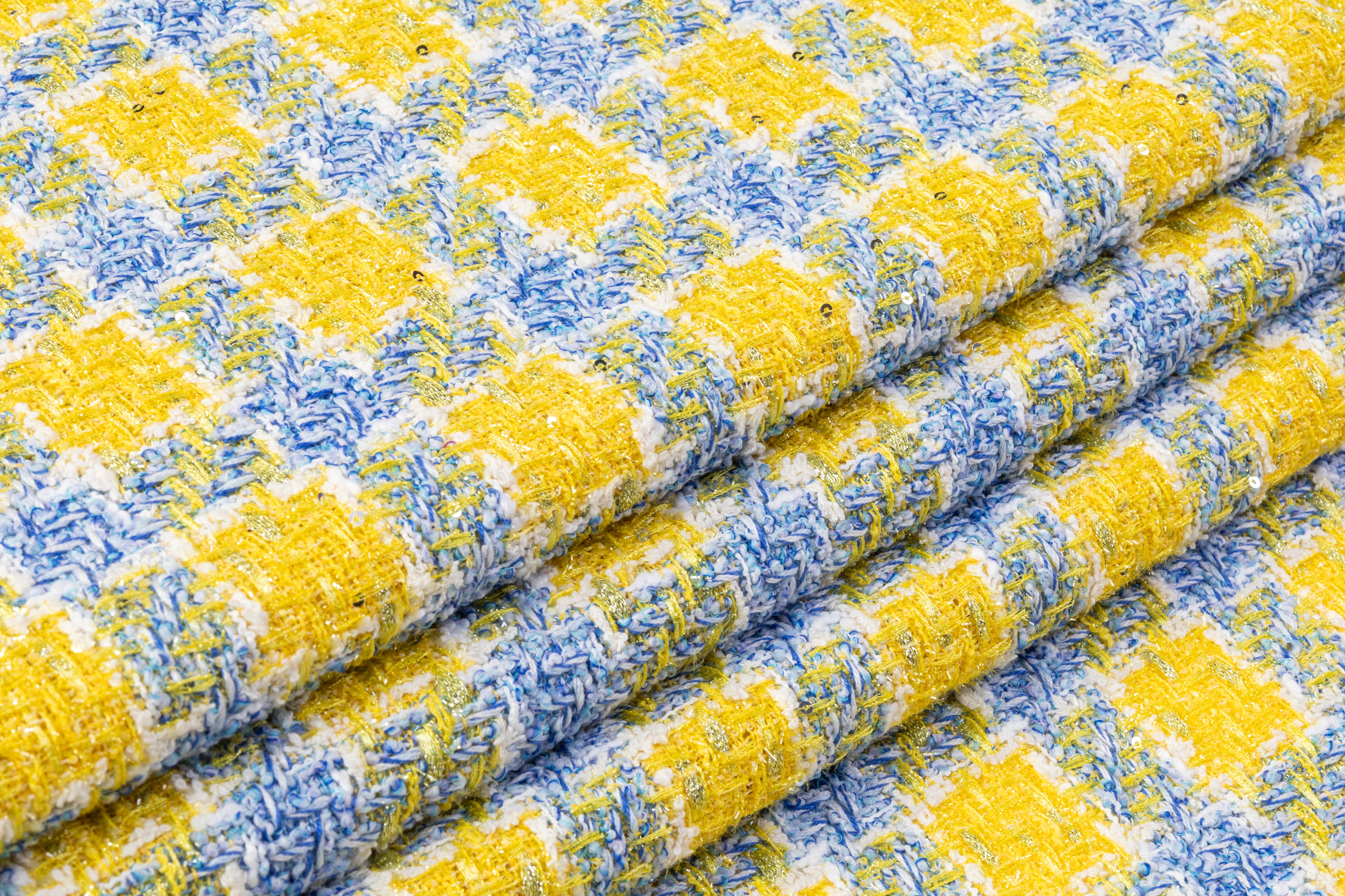 Metallic Italian Cotton Blend Tweed Boucle - Yellow / Blue / White
