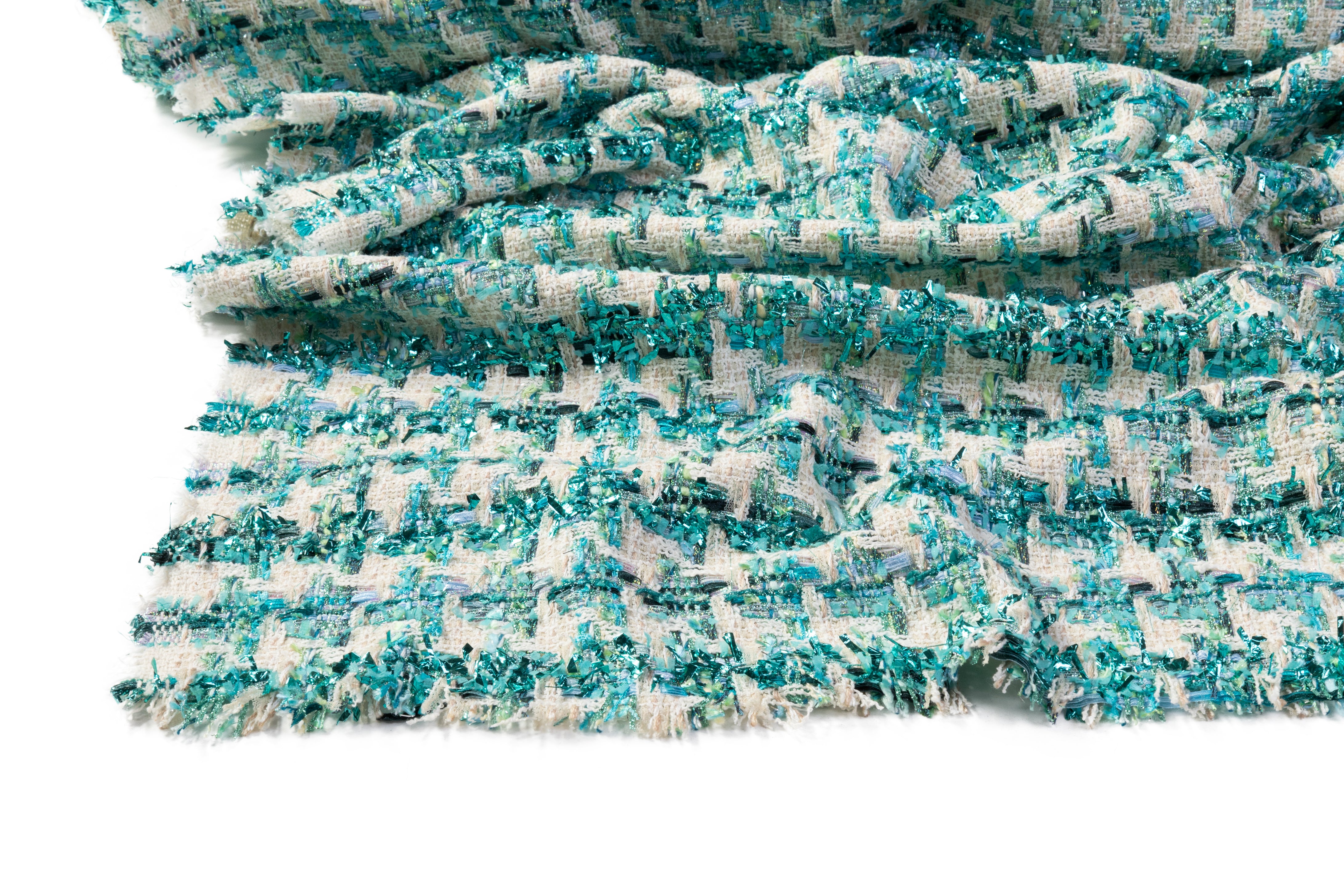 Houndstooth Metallic Cotton Blend Italian Tweed - Teal / Cream