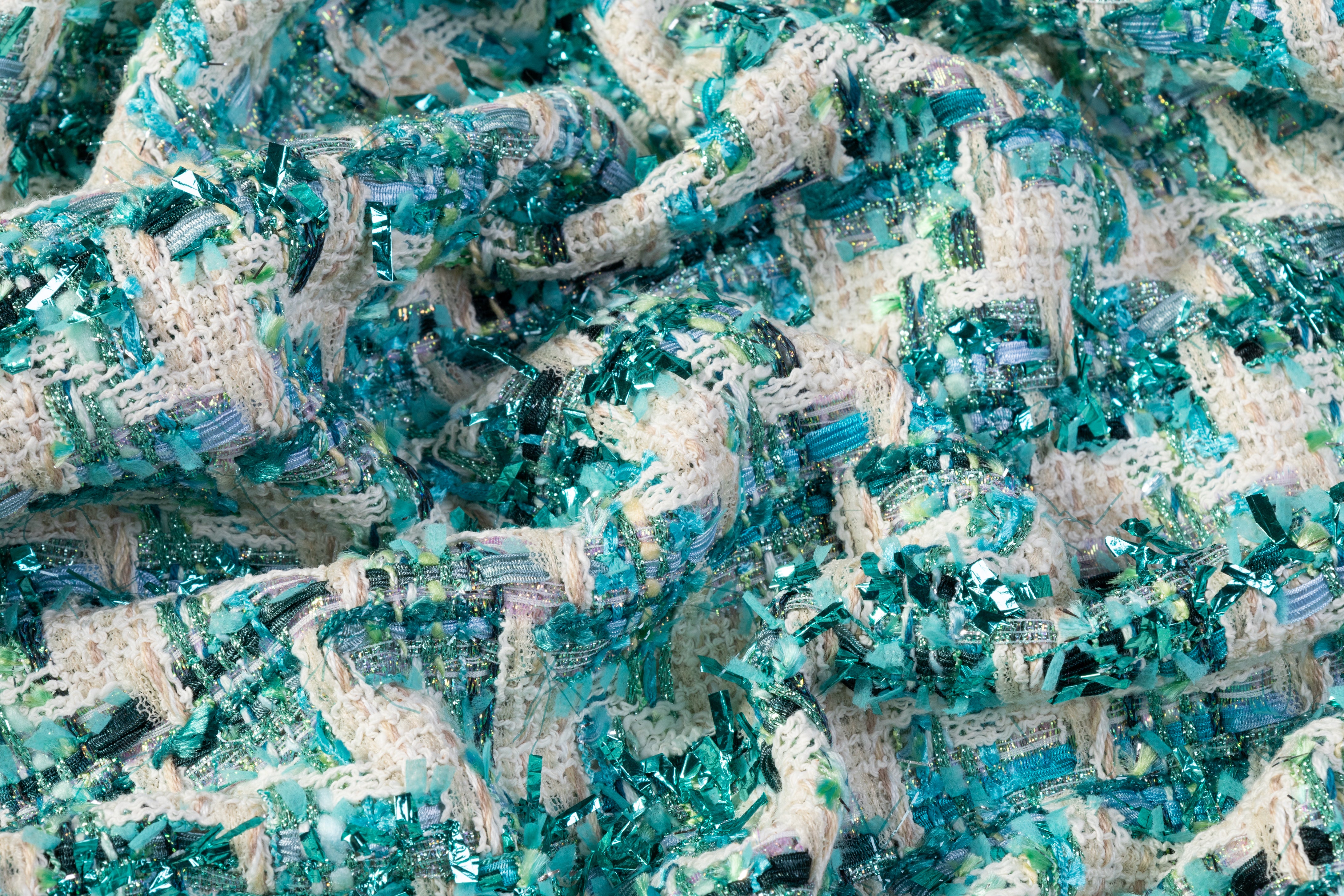 Houndstooth Metallic Cotton Blend Italian Tweed - Teal / Cream