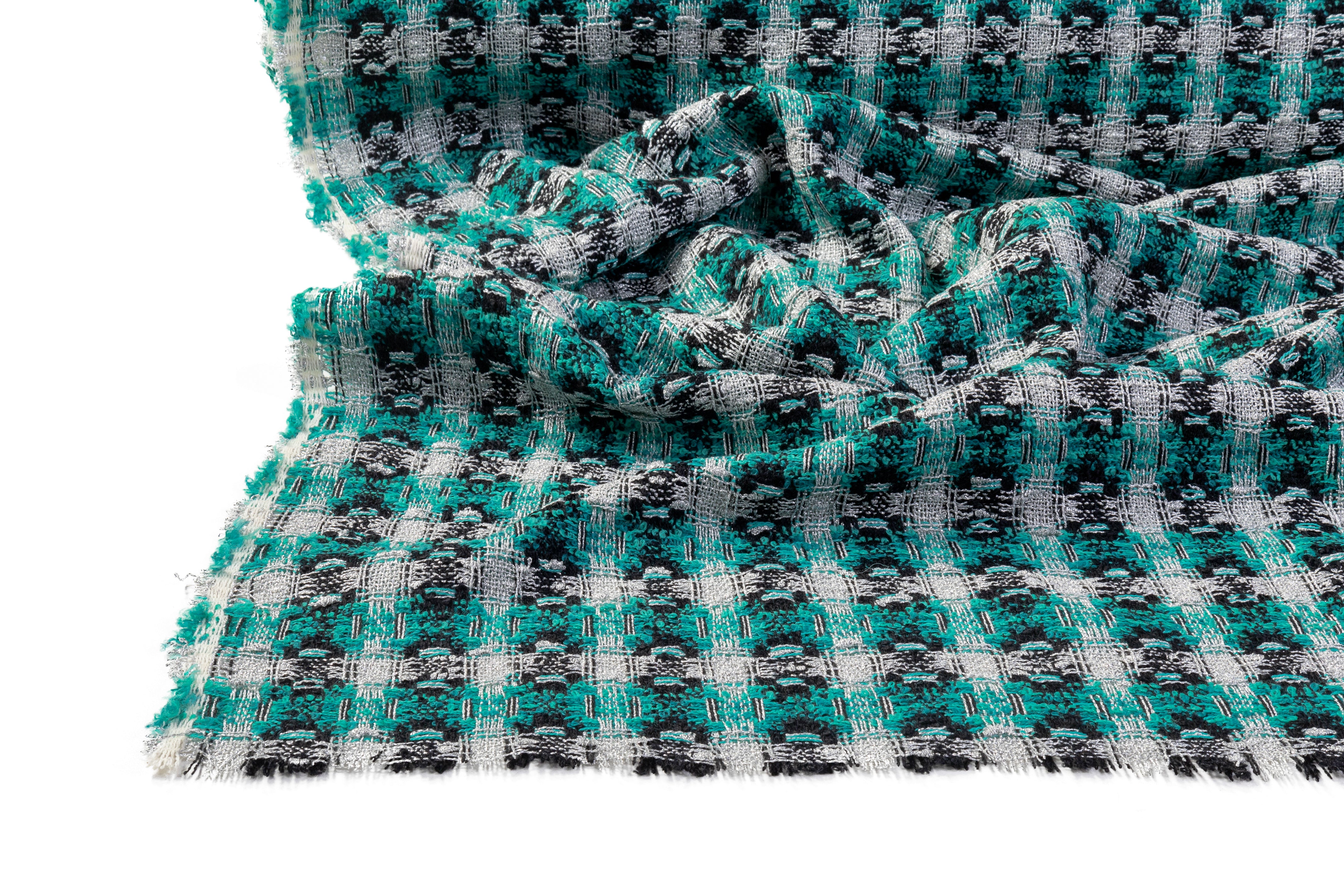 Metallic Italian Wool Blend Tweed Boucle - Teal / Silver / Black