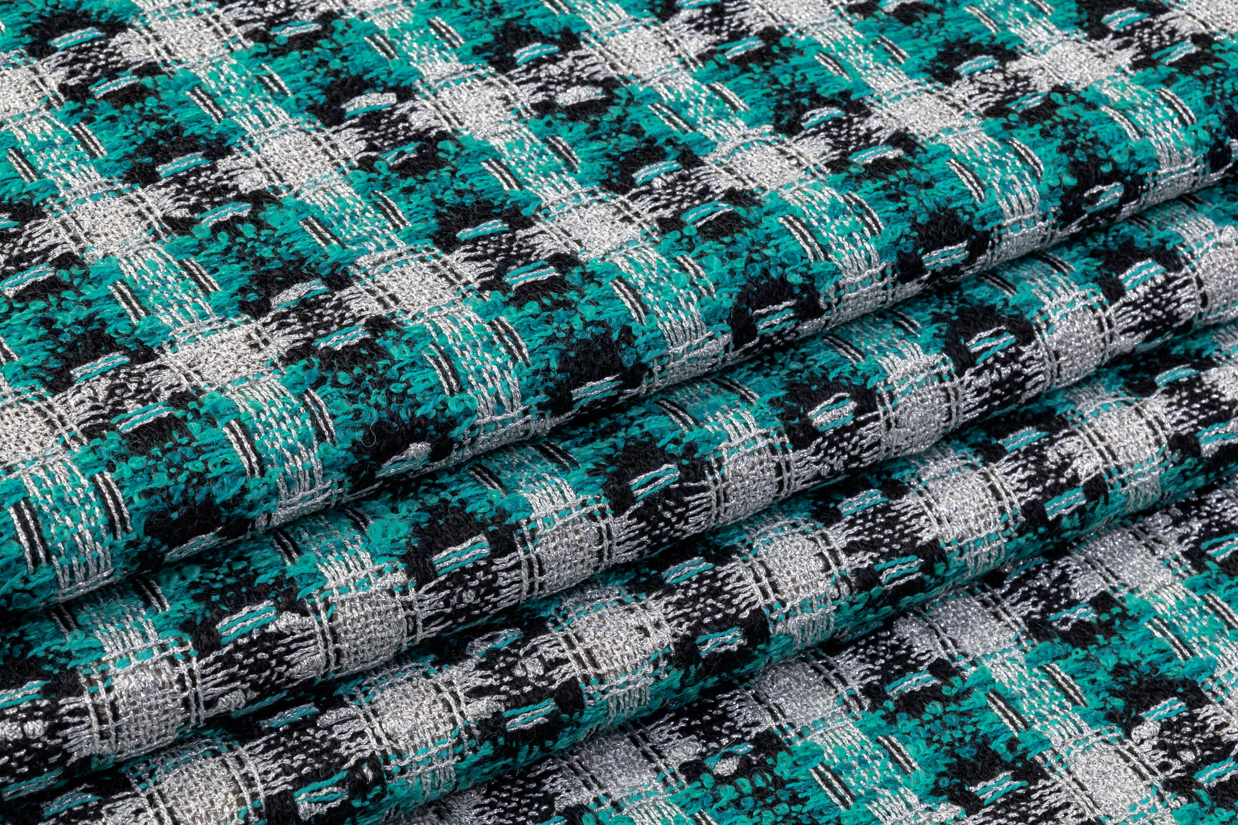 Metallic Italian Wool Blend Tweed Boucle - Teal / Silver / Black