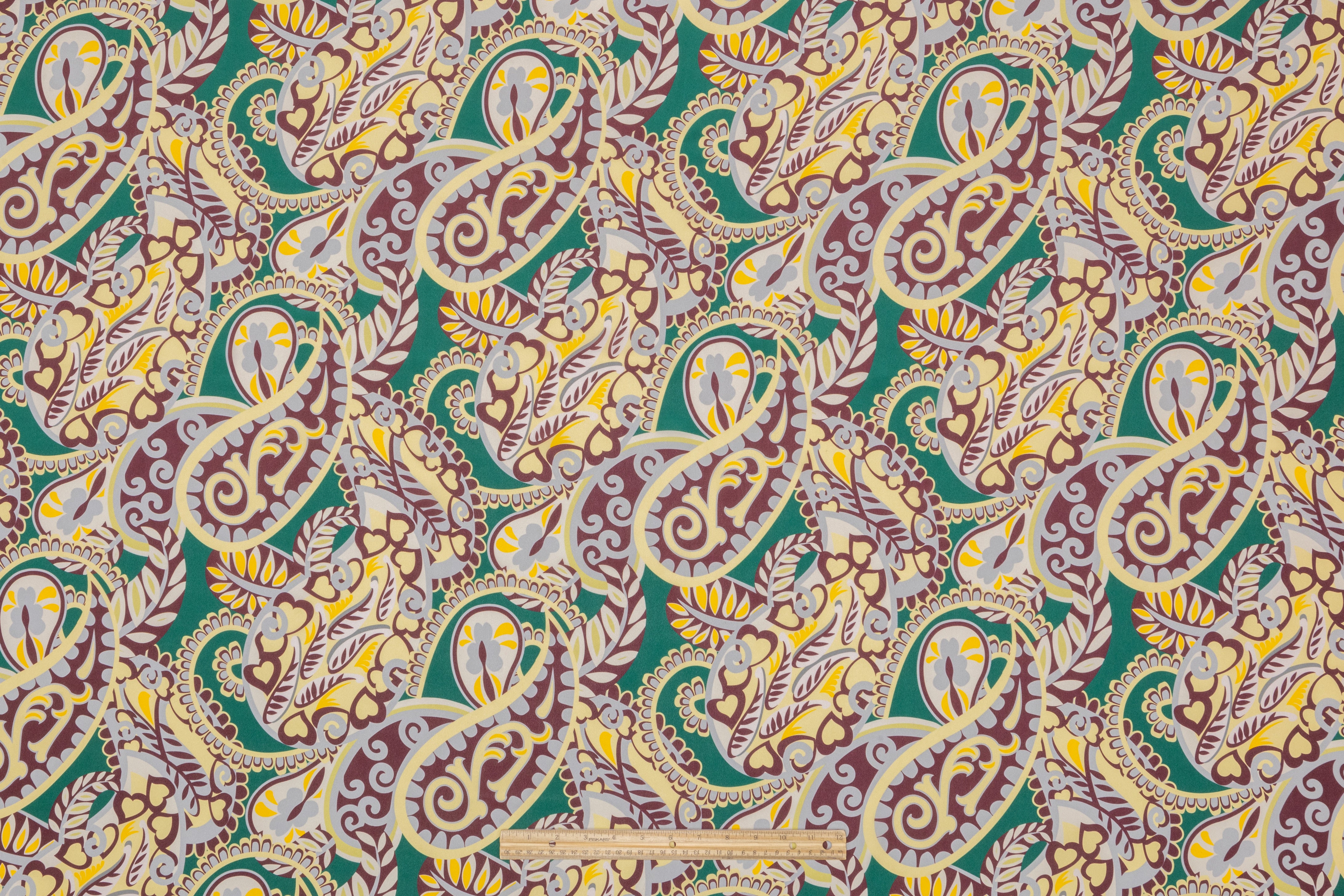 Paisley Italian Silk Crepe de Chine - Green / Burgundy / Cream