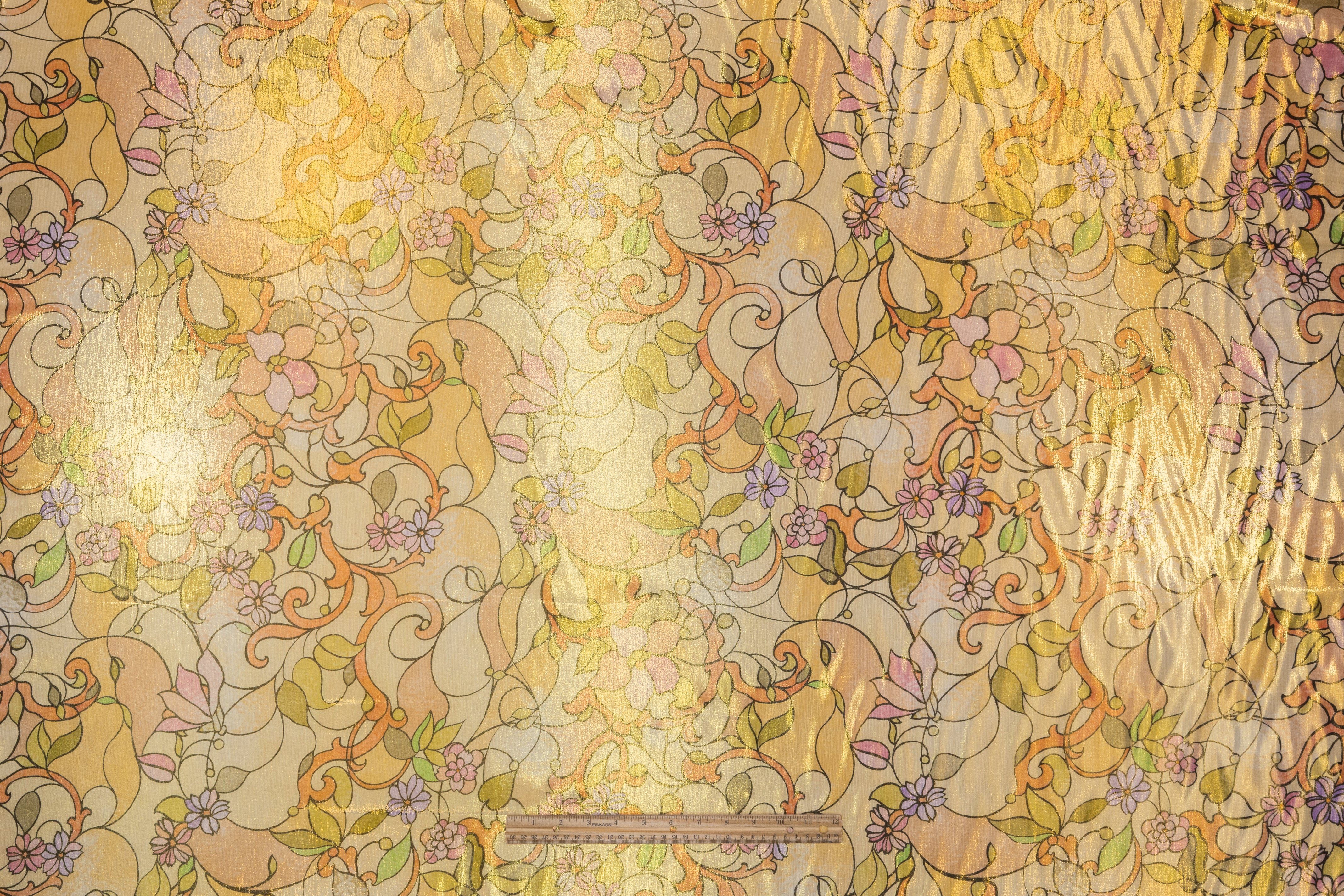 Retro Floral Metallic Silk Chiffon Lamé - Gold / Peach / Lavender / Green