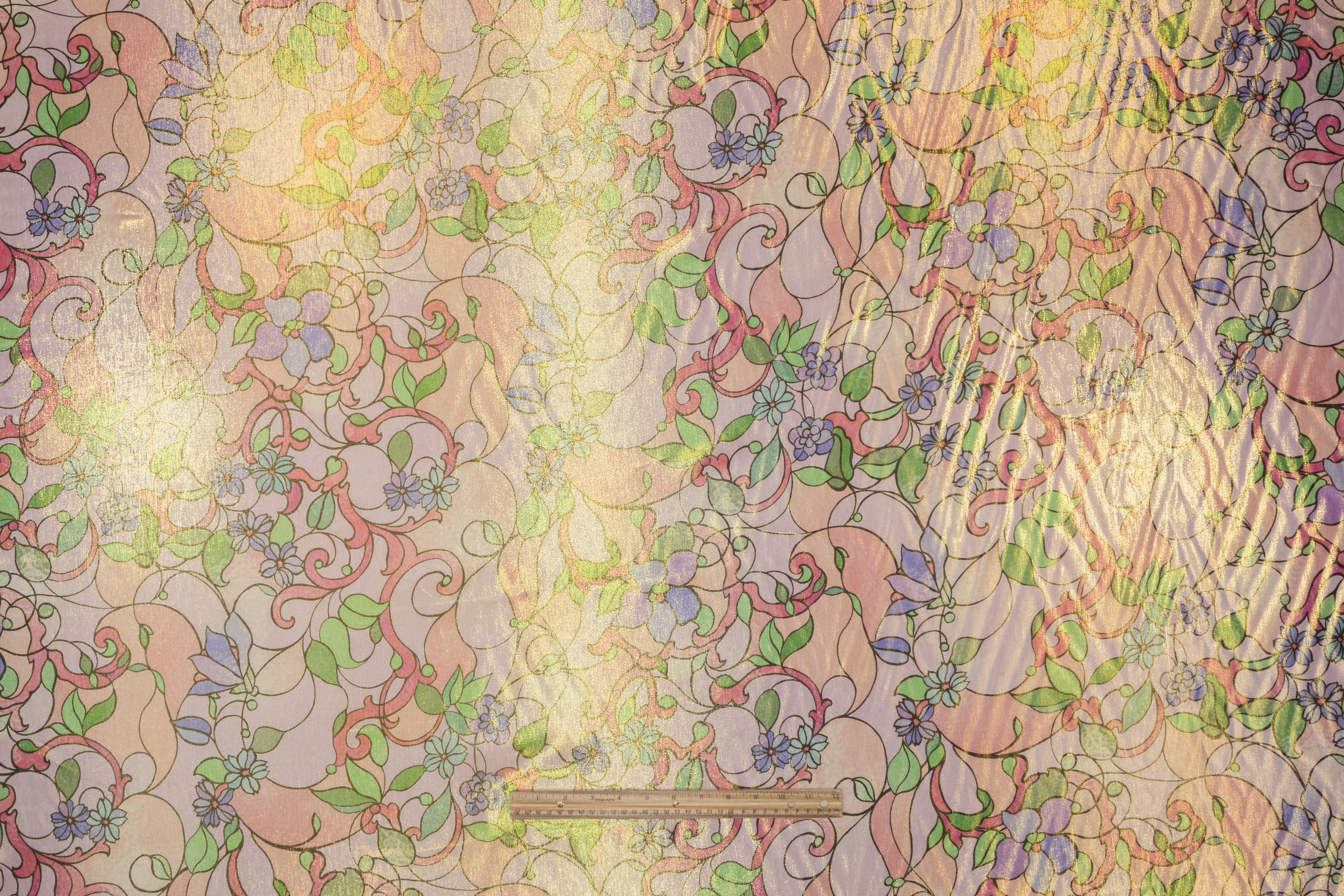 Retro Floral Metallic Silk Chiffon Lamé - Pink / Green / Periwinkle / Gold