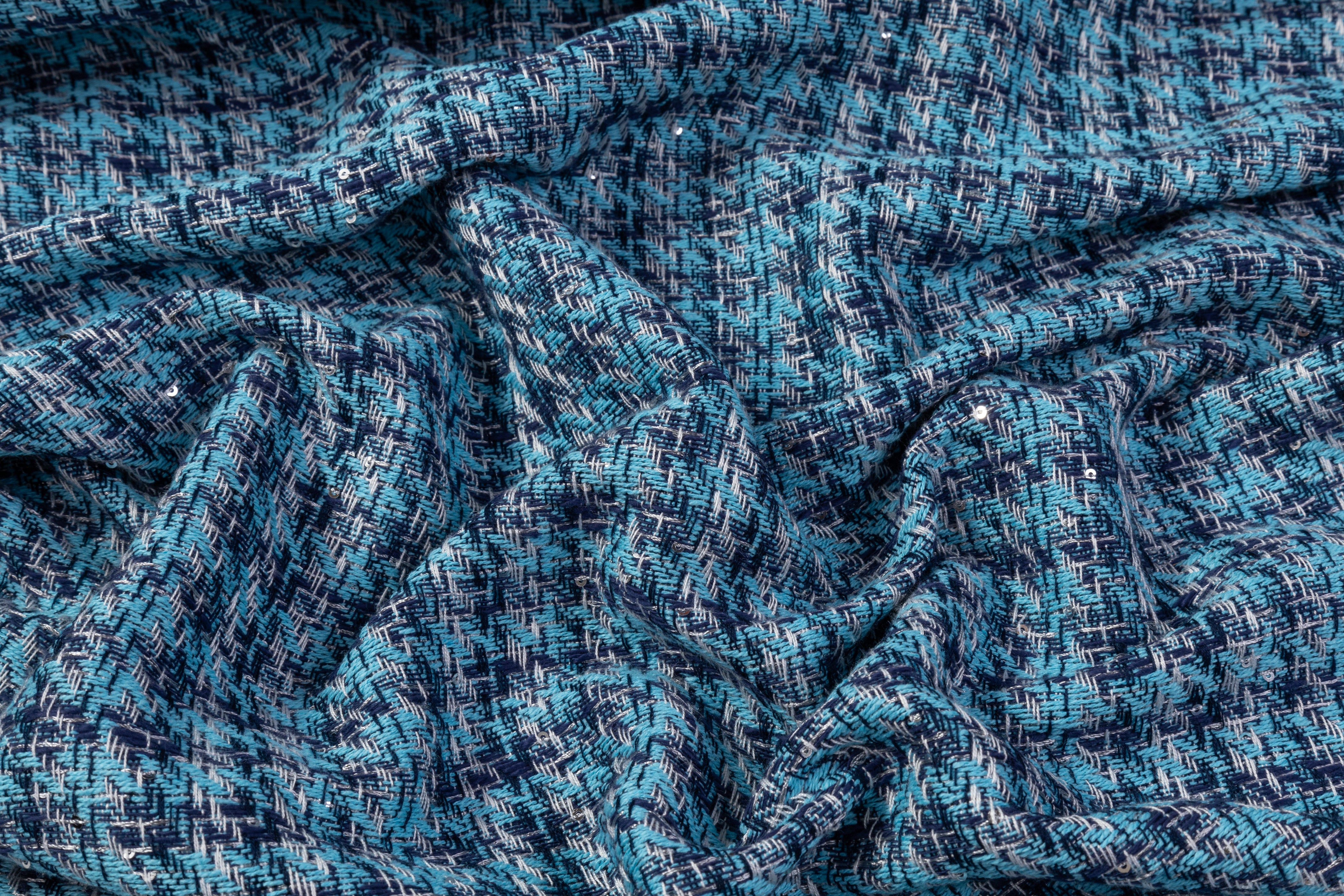 Sequined Italian Viscose Cotton Tweed - Blue