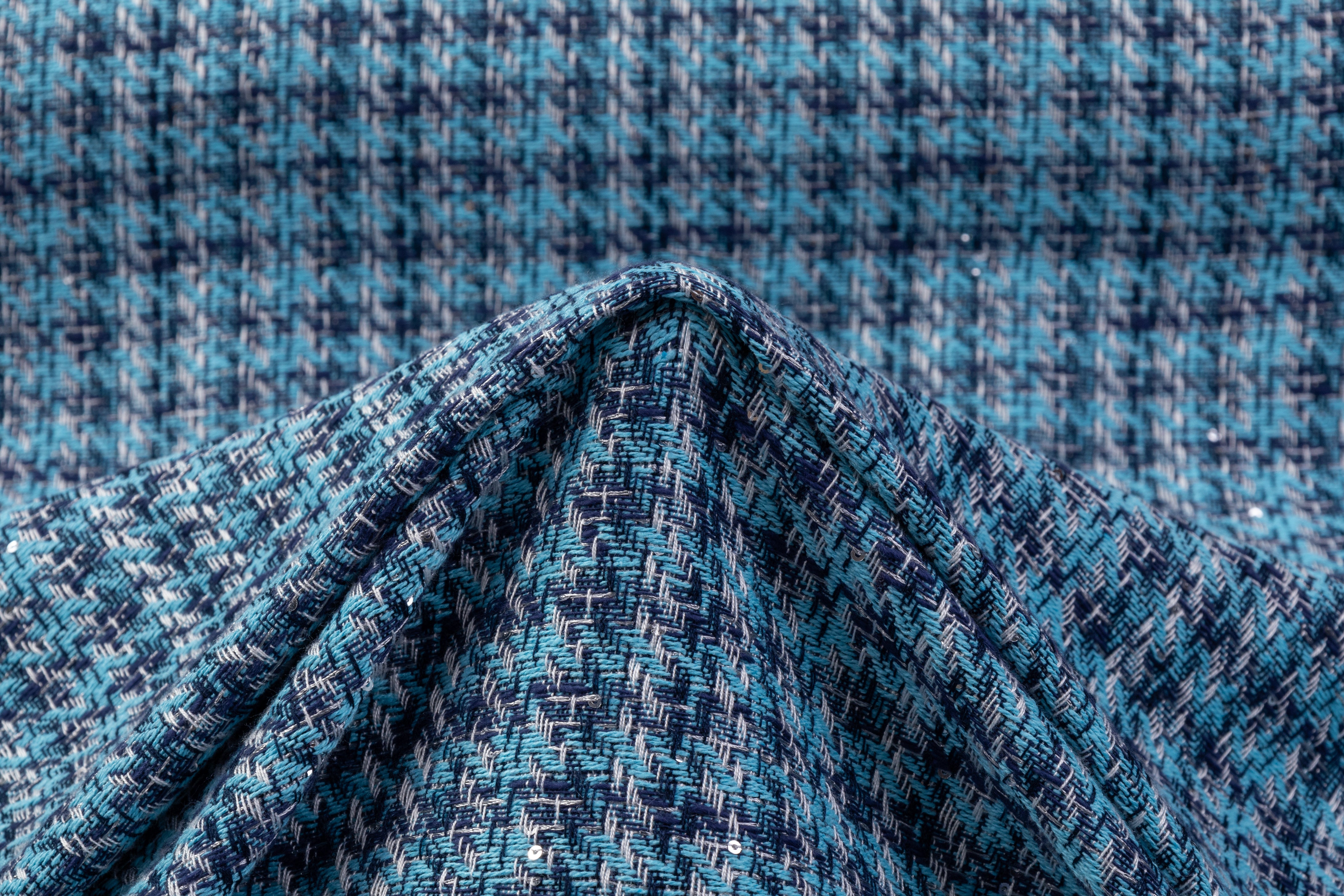 Sequined Italian Viscose Cotton Tweed - Blue