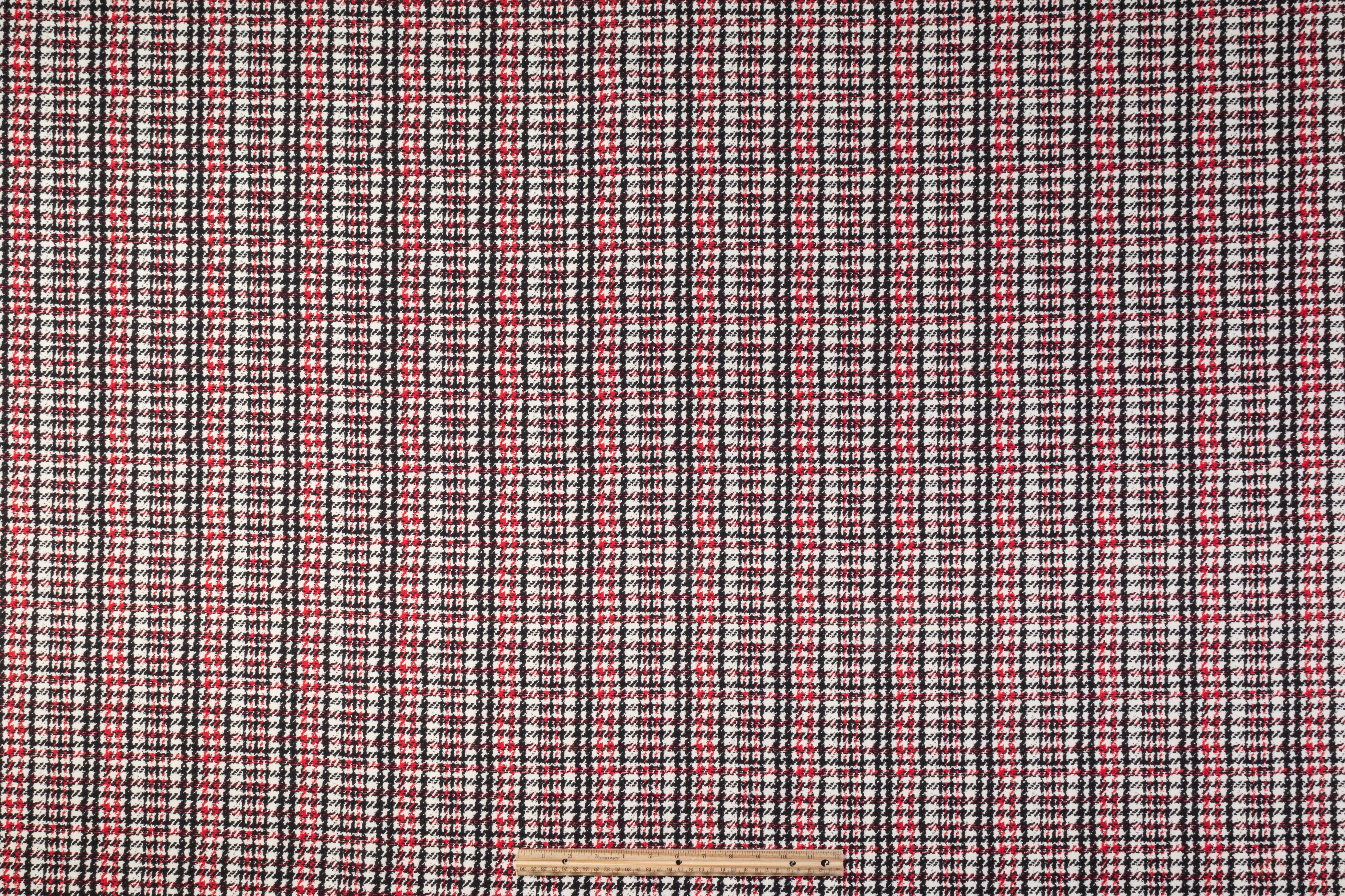 Houndstooth Printed Italian Wool Tricotine - Black / Red / Off White