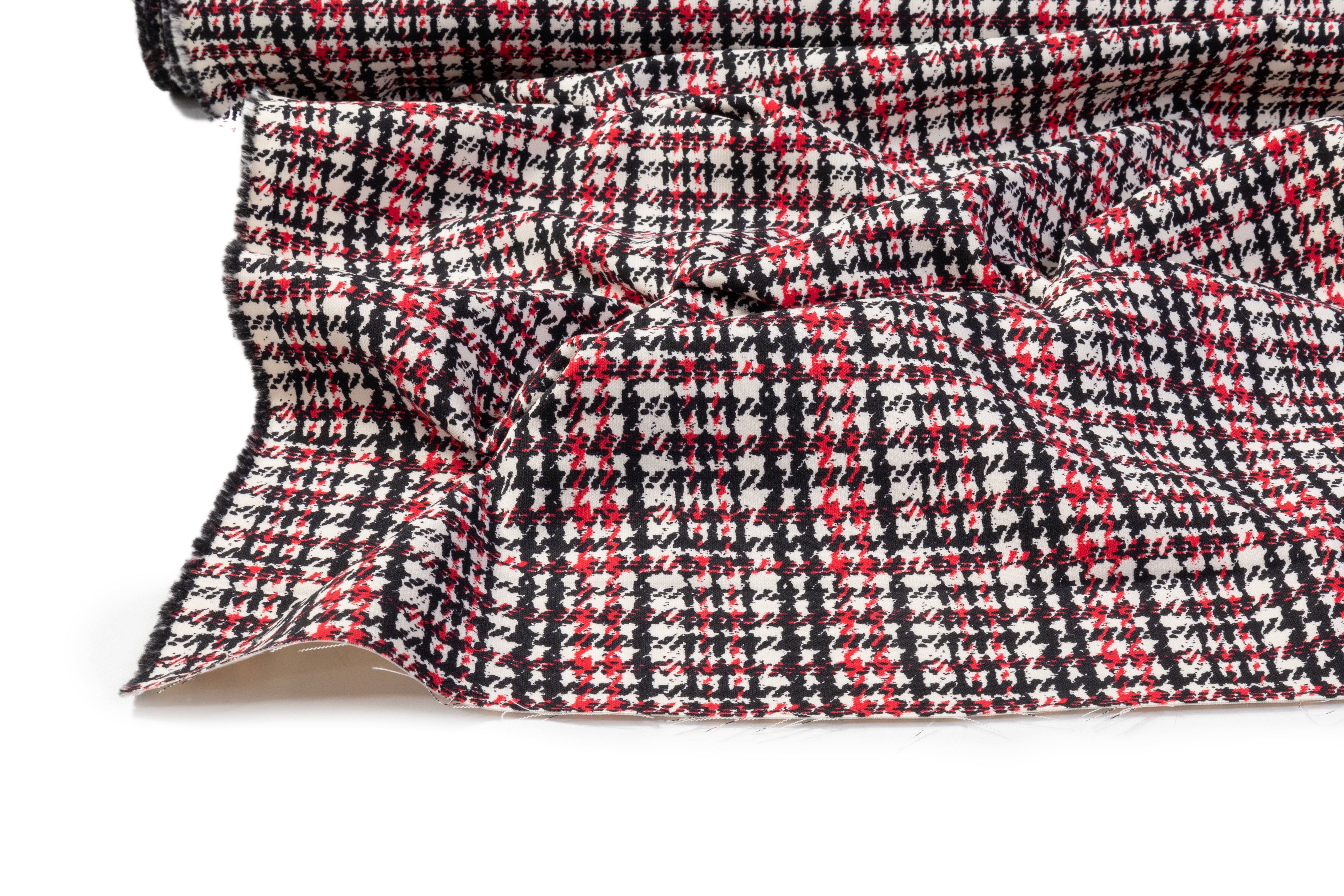 Houndstooth Printed Italian Wool Tricotine - Black / Red / Off White