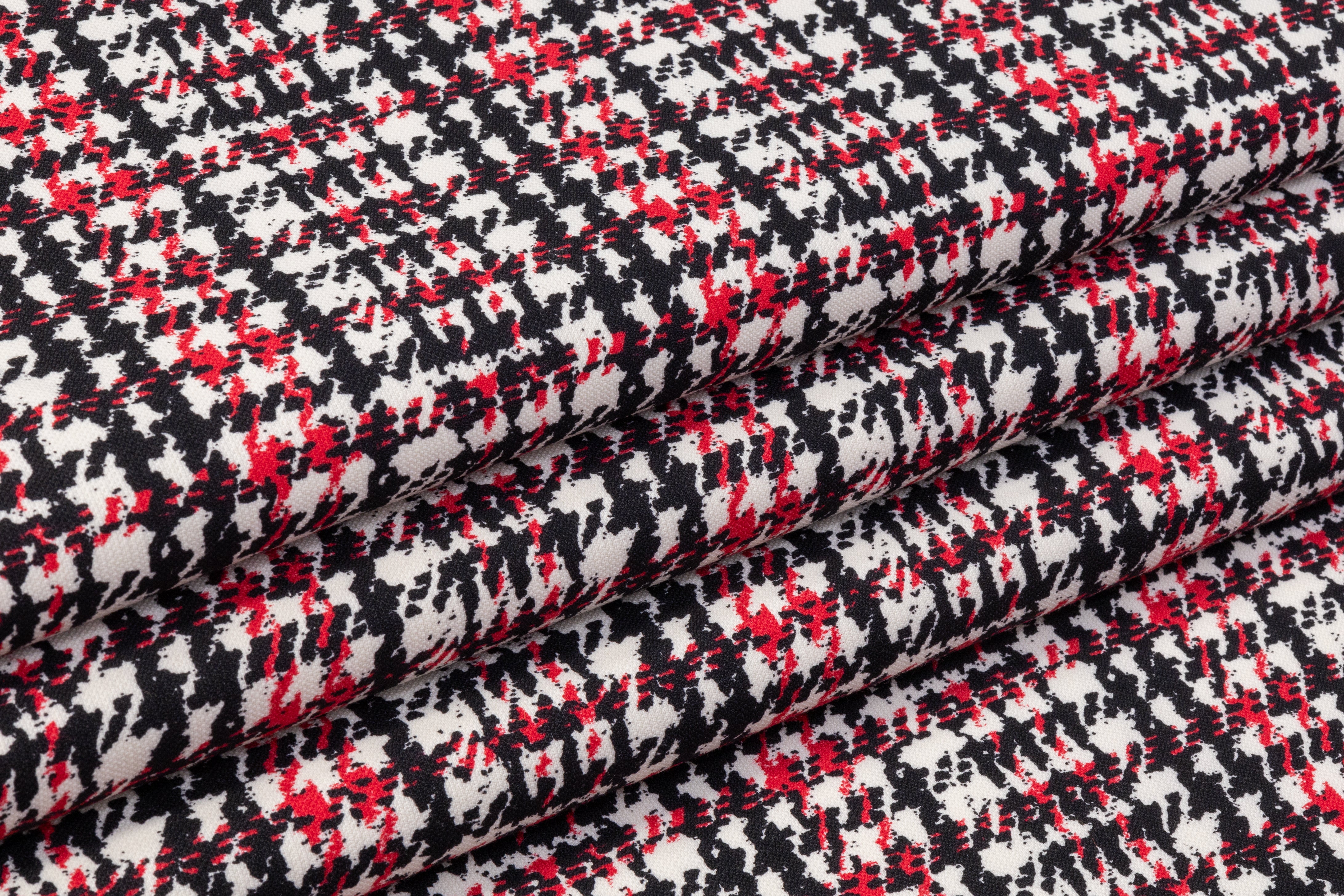 Houndstooth Printed Italian Wool Tricotine - Black / Red / Off White