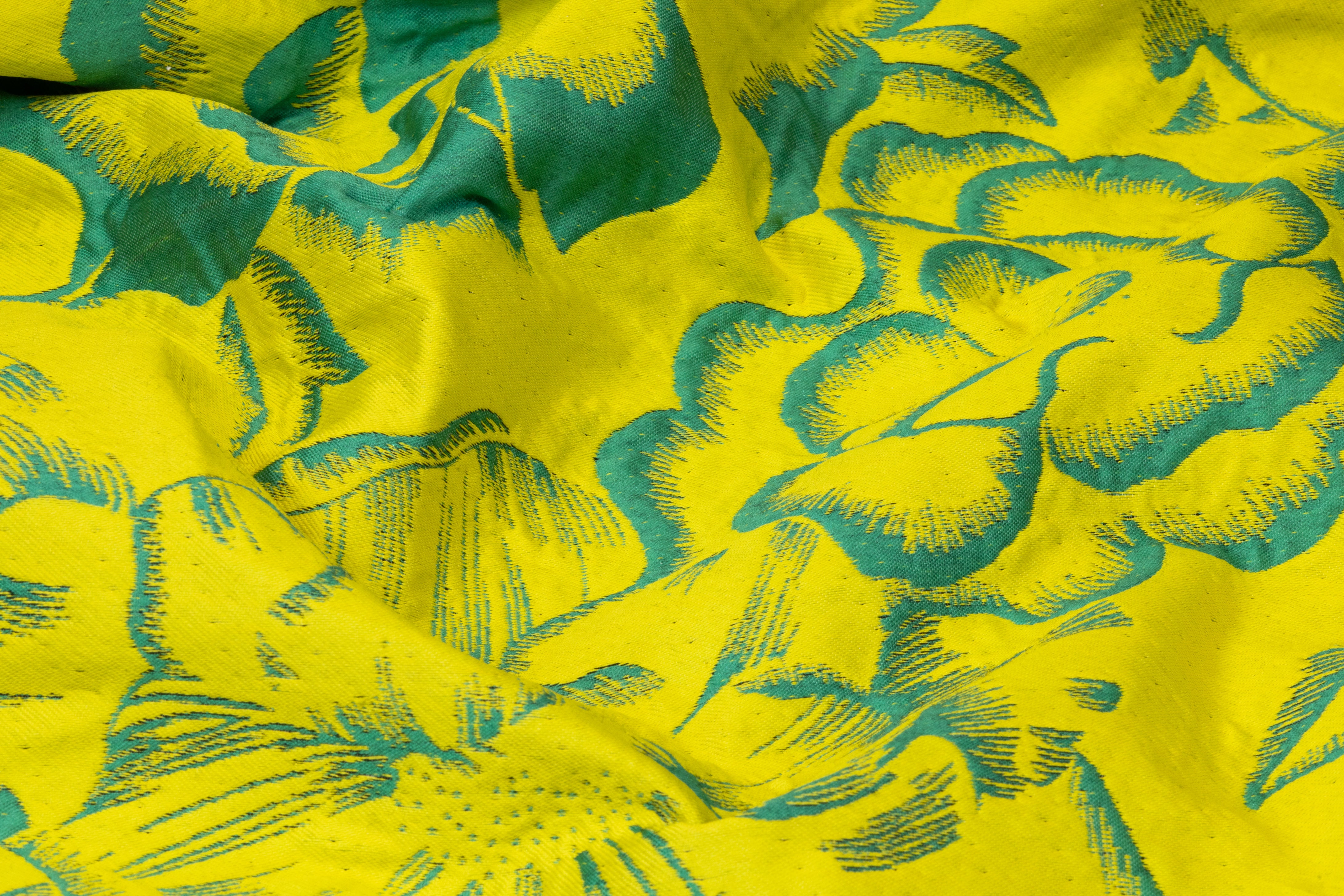 Double Faced Floral Italian Silk Blend Brocade - Chartreuse / Teal Green / Black