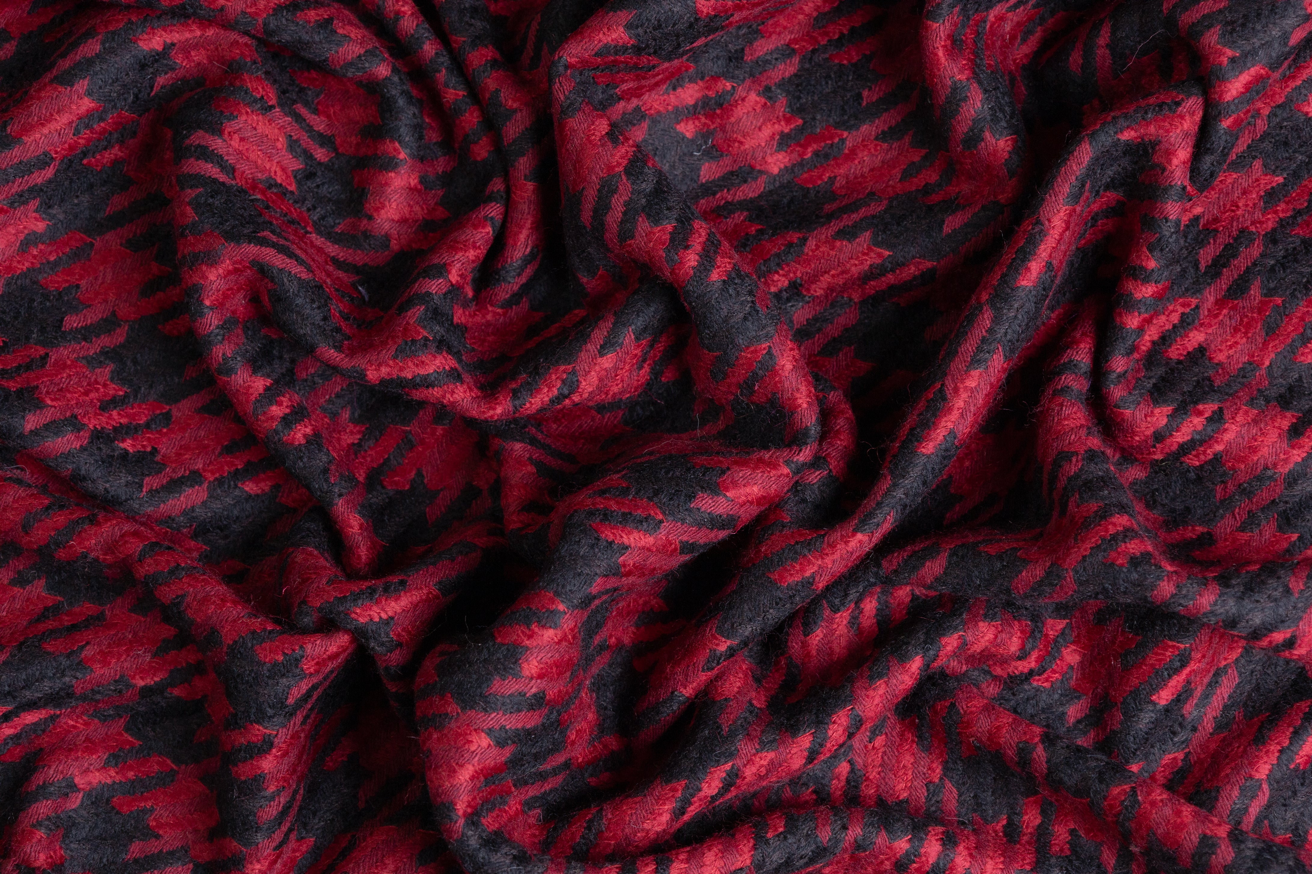 Houndstooth Wool Blend Tweed Coating - Maroon / Black