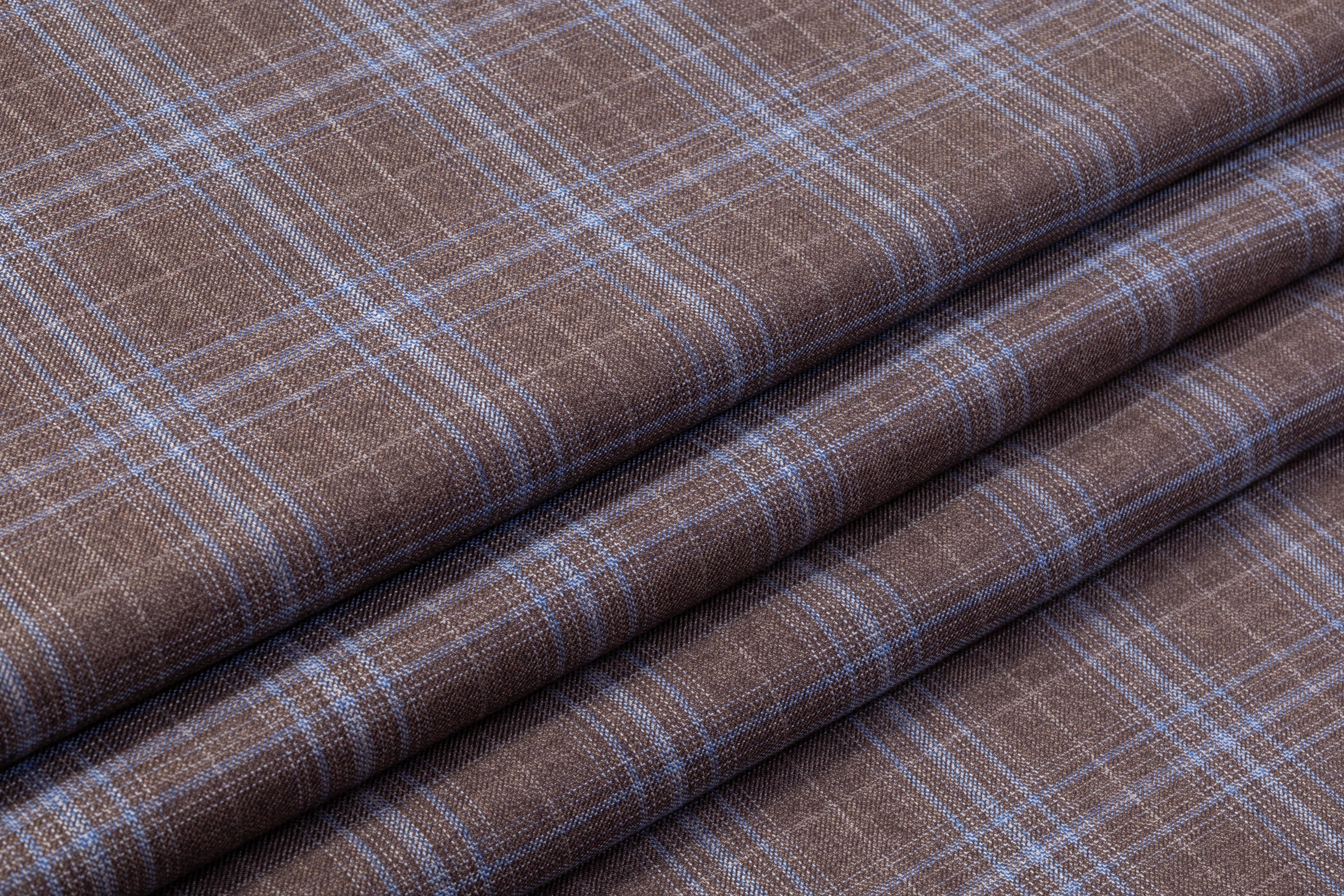 Checked Italian Wool Suiting - Taupe / Blue
