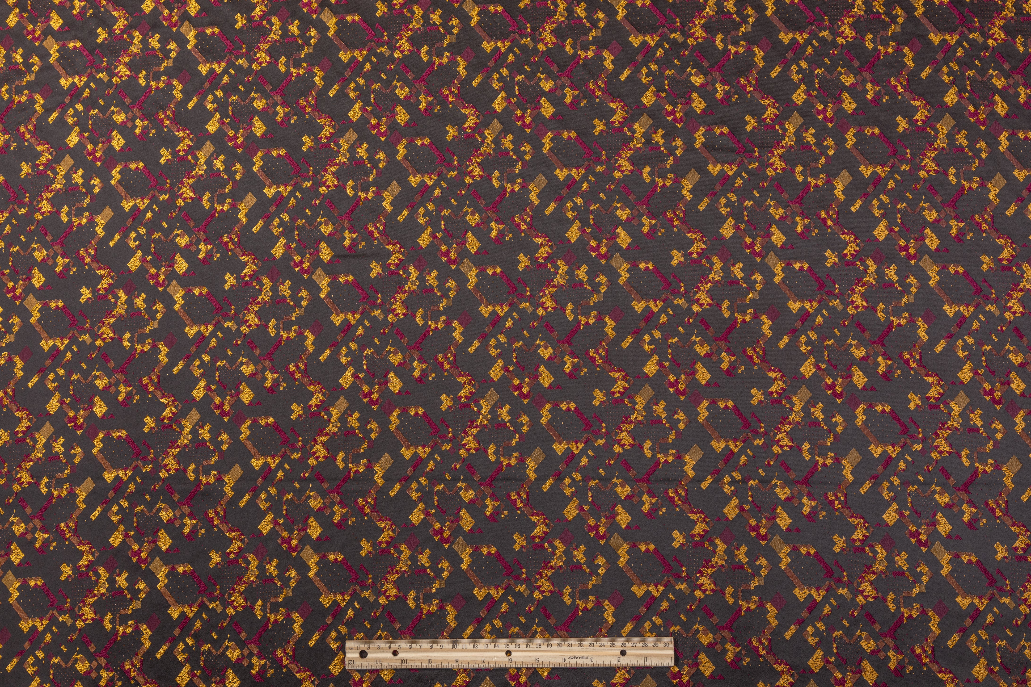 Abstract Satin Brocade - Burgundy / Yellow