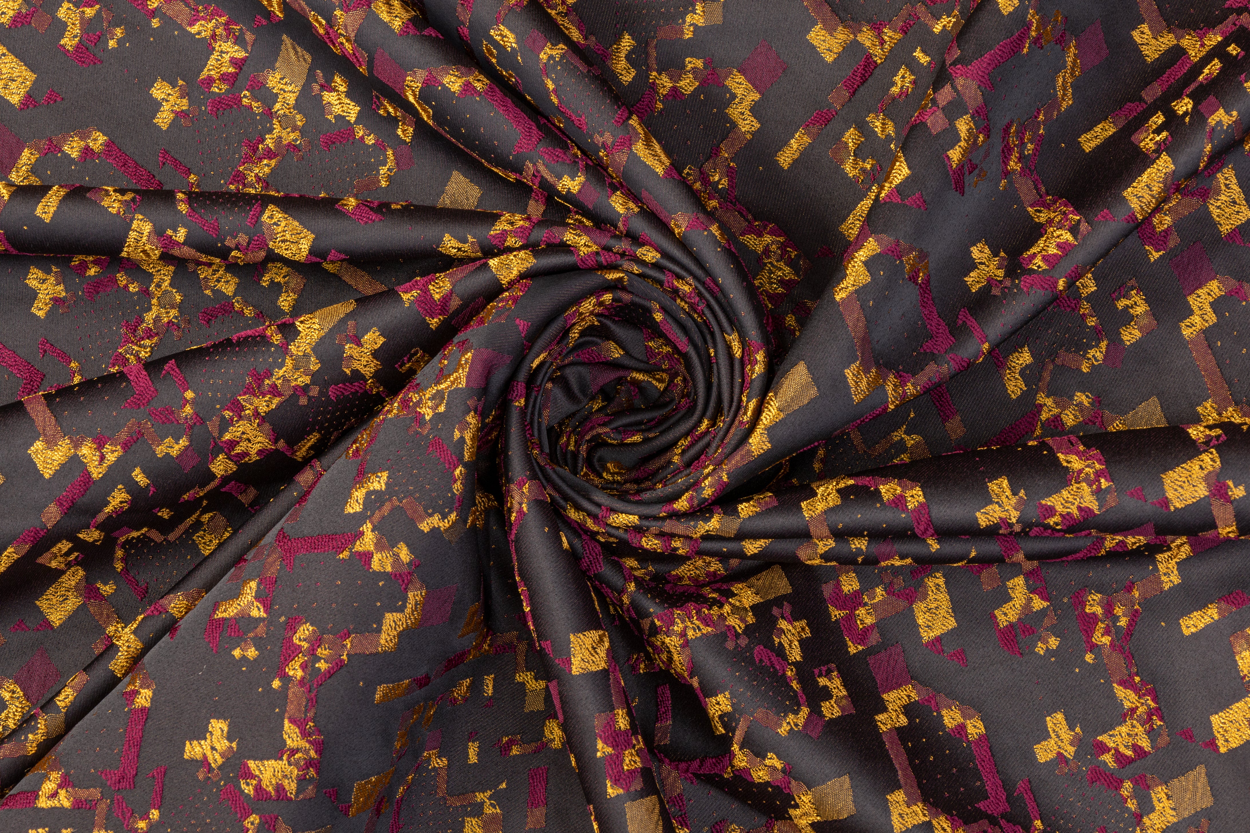 Abstract Satin Brocade - Burgundy / Yellow