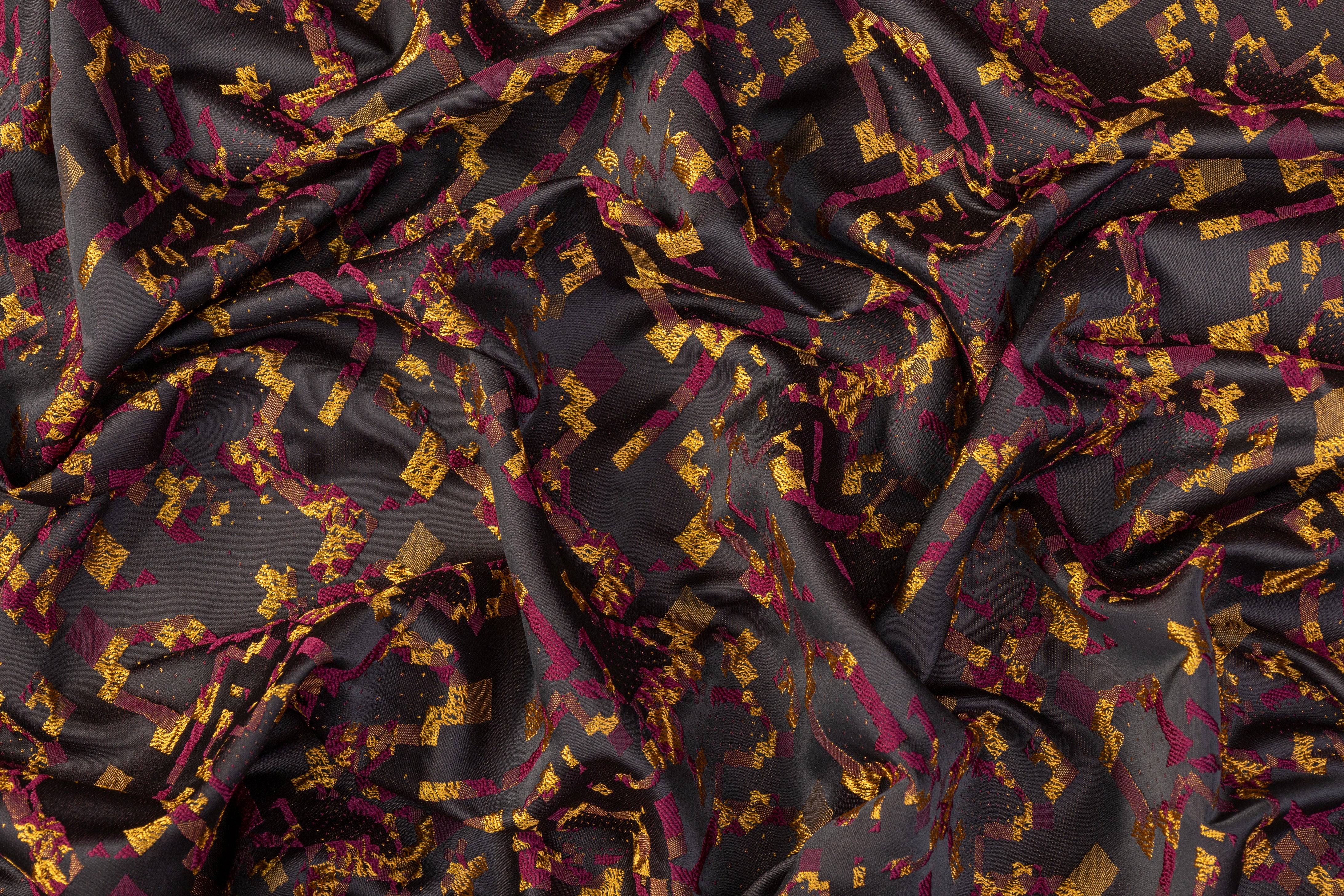 Abstract Satin Brocade - Burgundy / Yellow