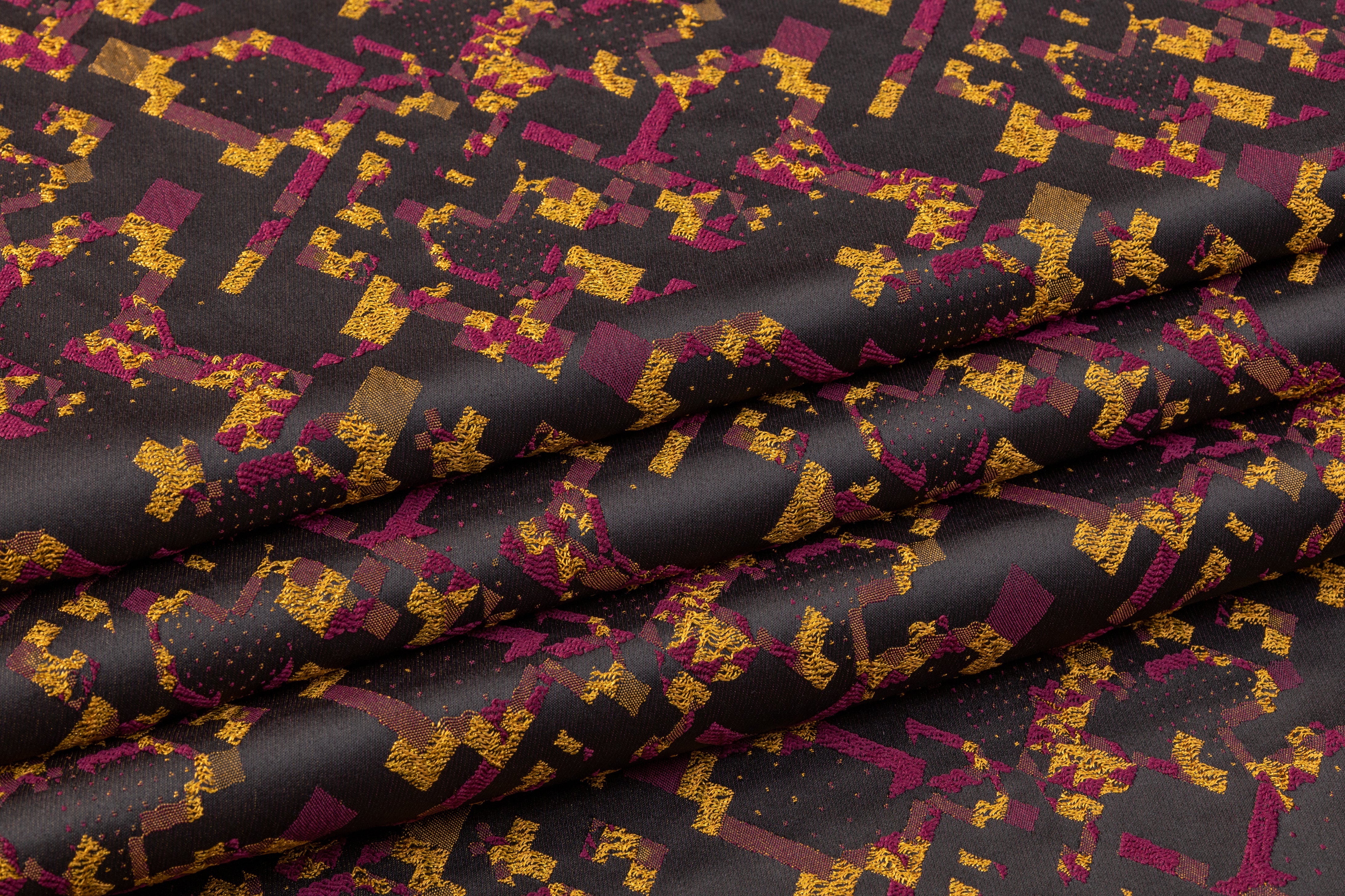 Abstract Satin Brocade - Burgundy / Yellow