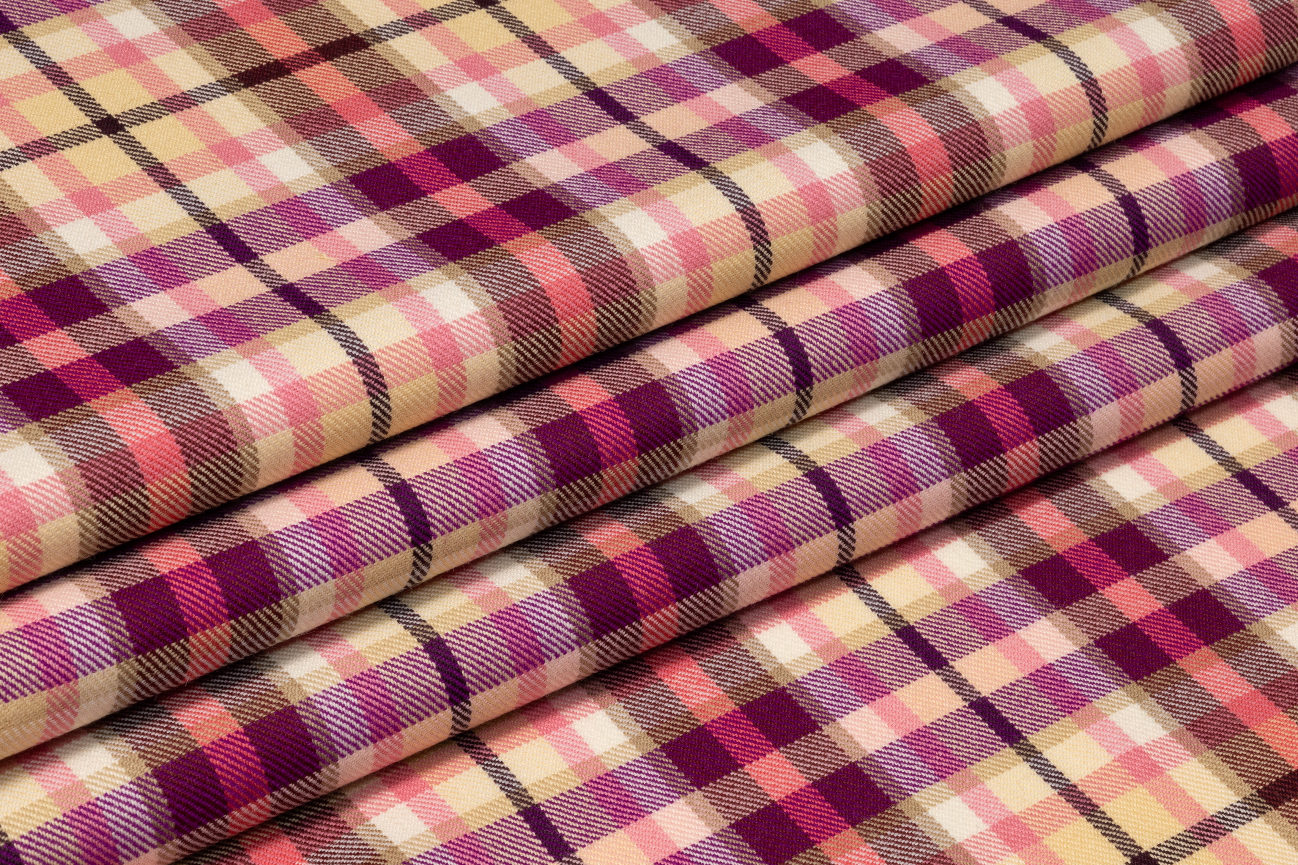 Plaid Italian Wool Suiting - Deep Plum / Pink / Cream