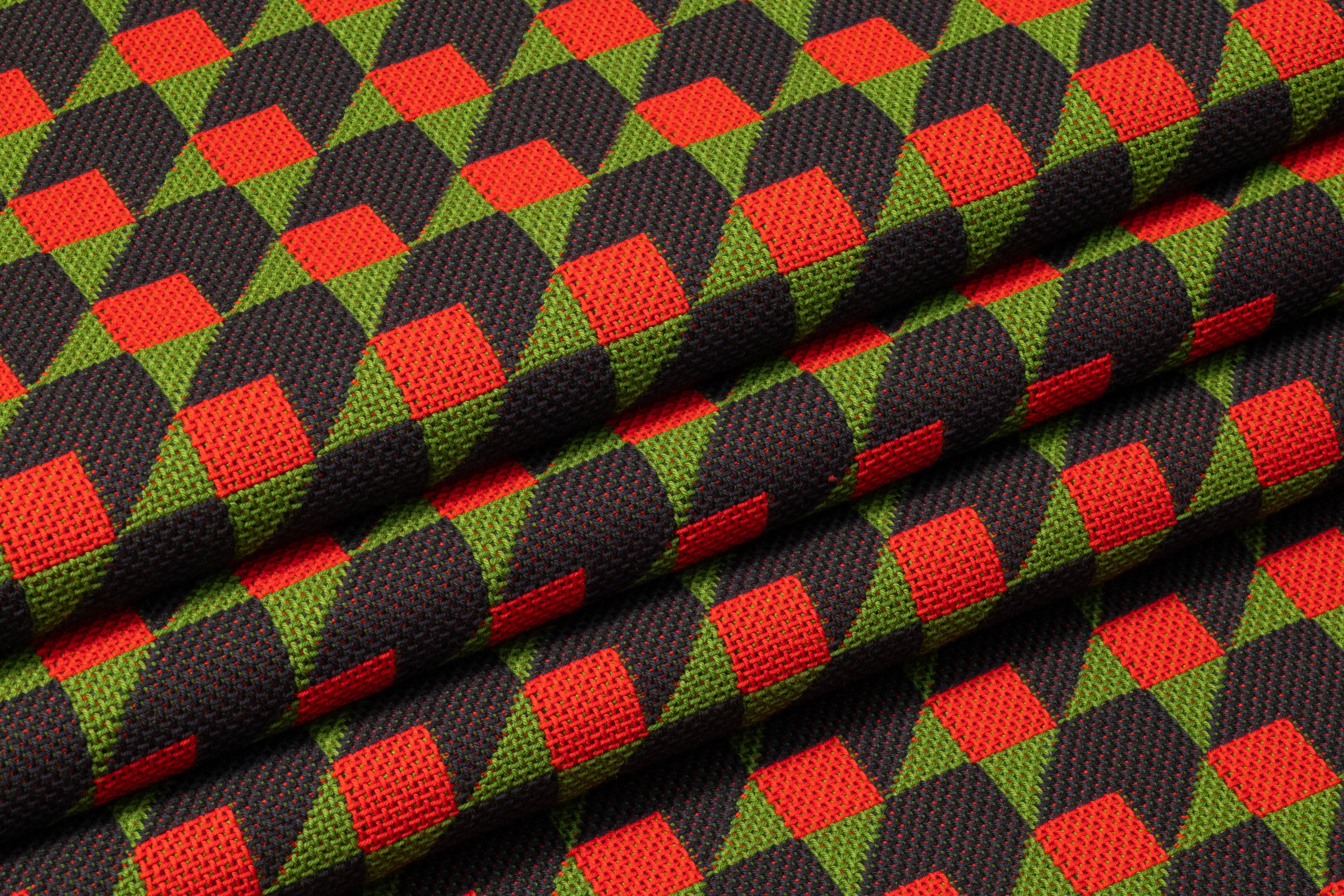 Geometric Italian Cotton Brocade - Red / Green / Navy